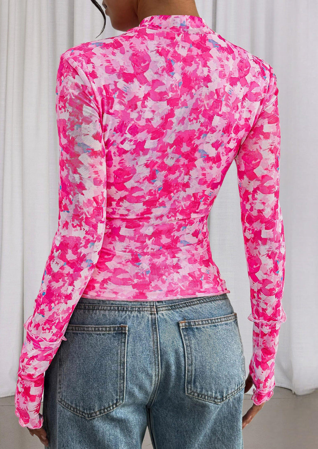 Womens Fall Mesh Floral Blouses Long Sleeve Going Out Tops Slim Fitted Shirts Date Night Outfits