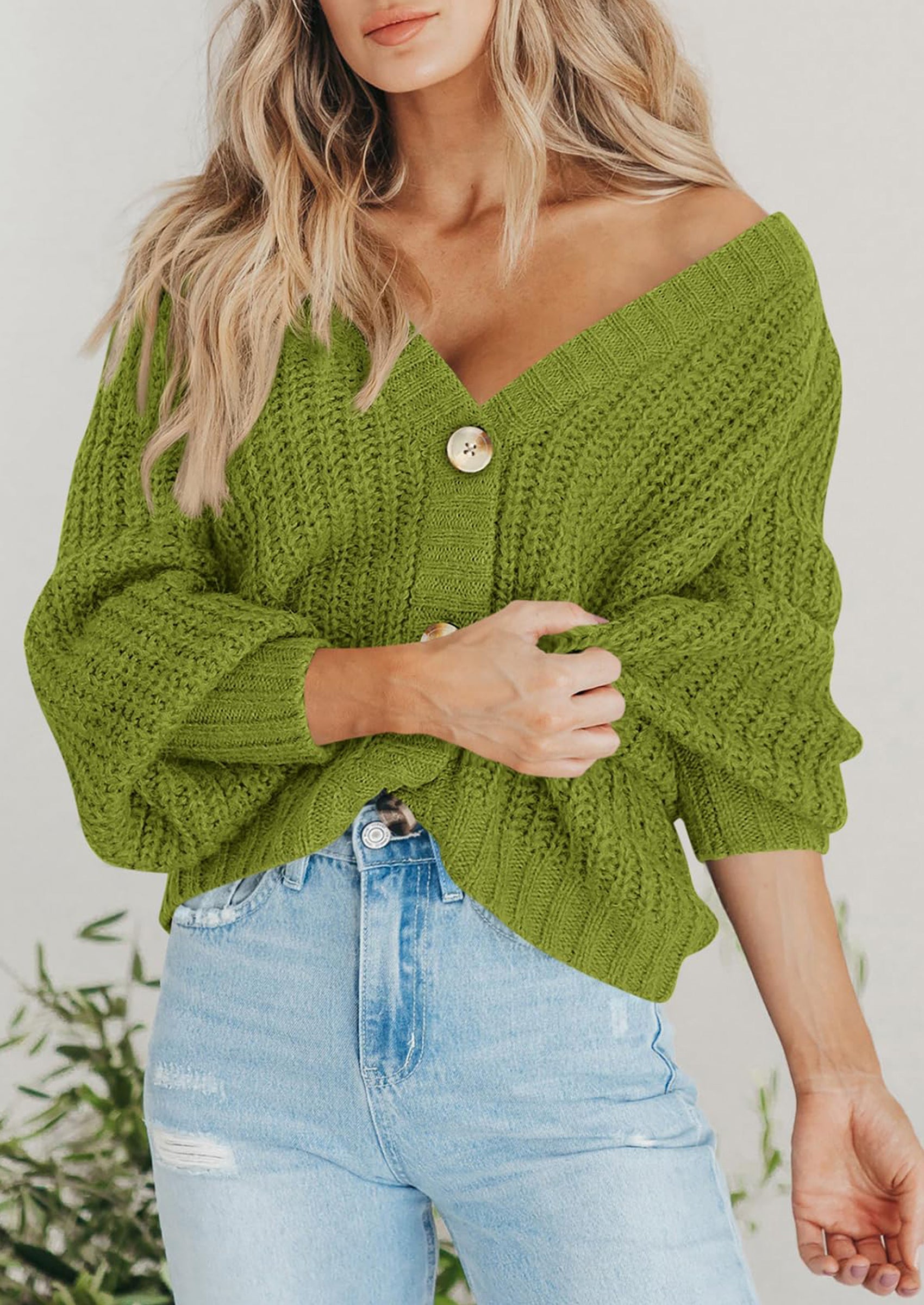 Women's Chunky Knit Open Front Sweater Long Sleeve Button Loose Short Cardigan Outerwear Coats