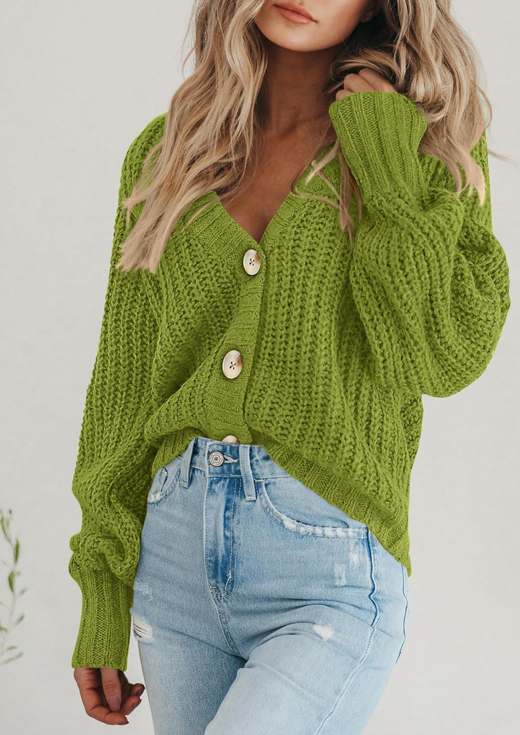 Women's Chunky Knit Open Front Sweater Long Sleeve Button Loose Short Cardigan Outerwear Coats