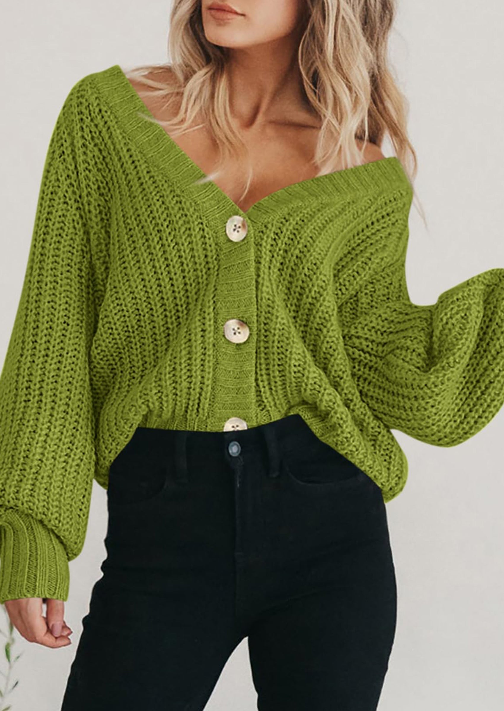 Women's Chunky Knit Open Front Sweater Long Sleeve Button Loose Short Cardigan Outerwear Coats