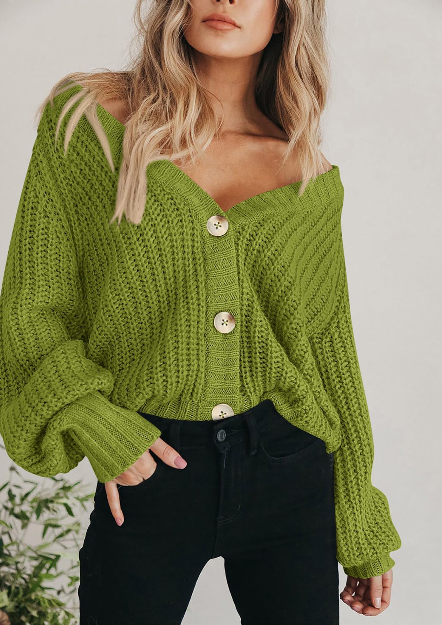 Women's Chunky Knit Open Front Sweater Long Sleeve Button Loose Short Cardigan Outerwear Coats