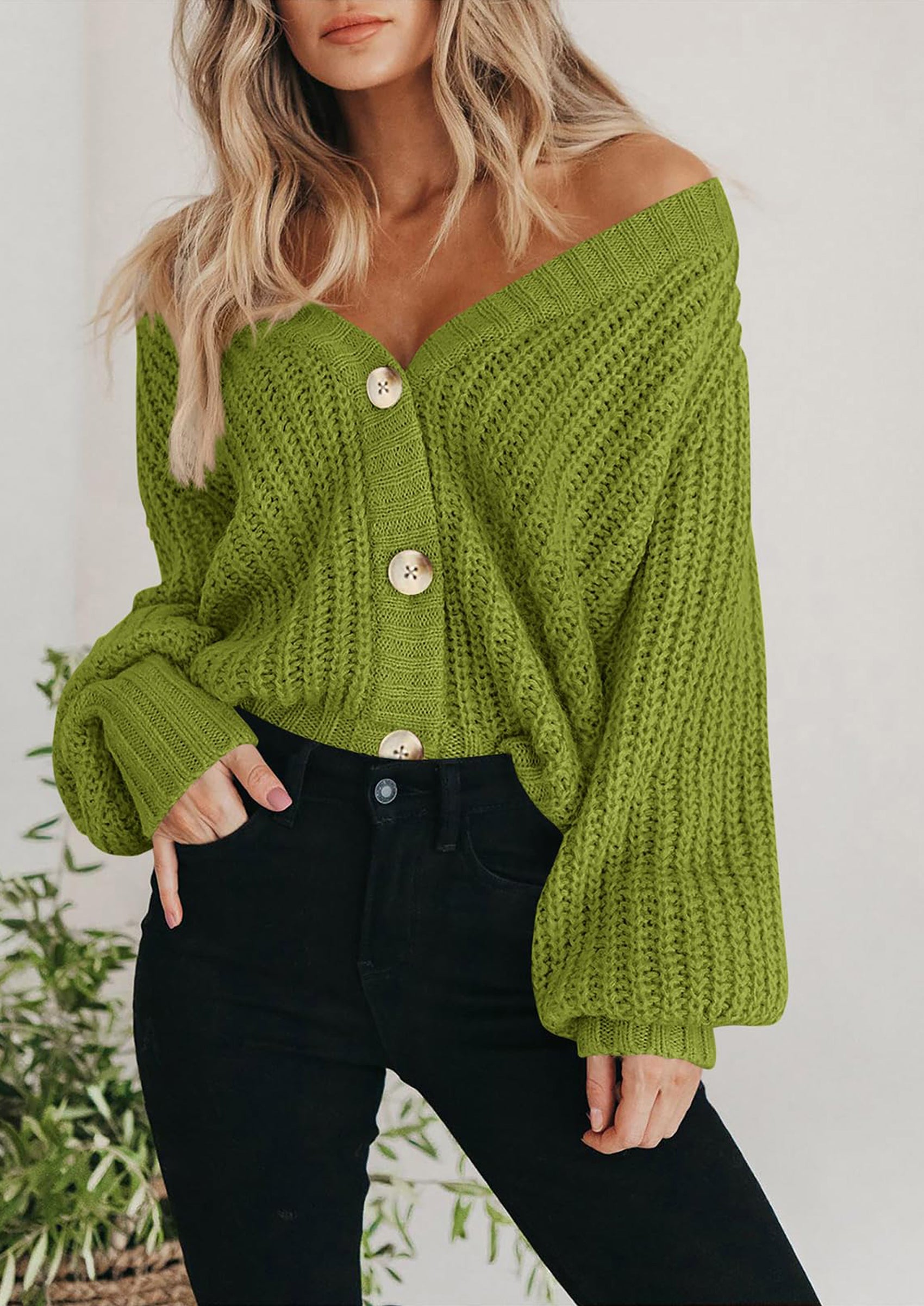 Women's Chunky Knit Open Front Sweater Long Sleeve Button Loose Short Cardigan Outerwear Coats