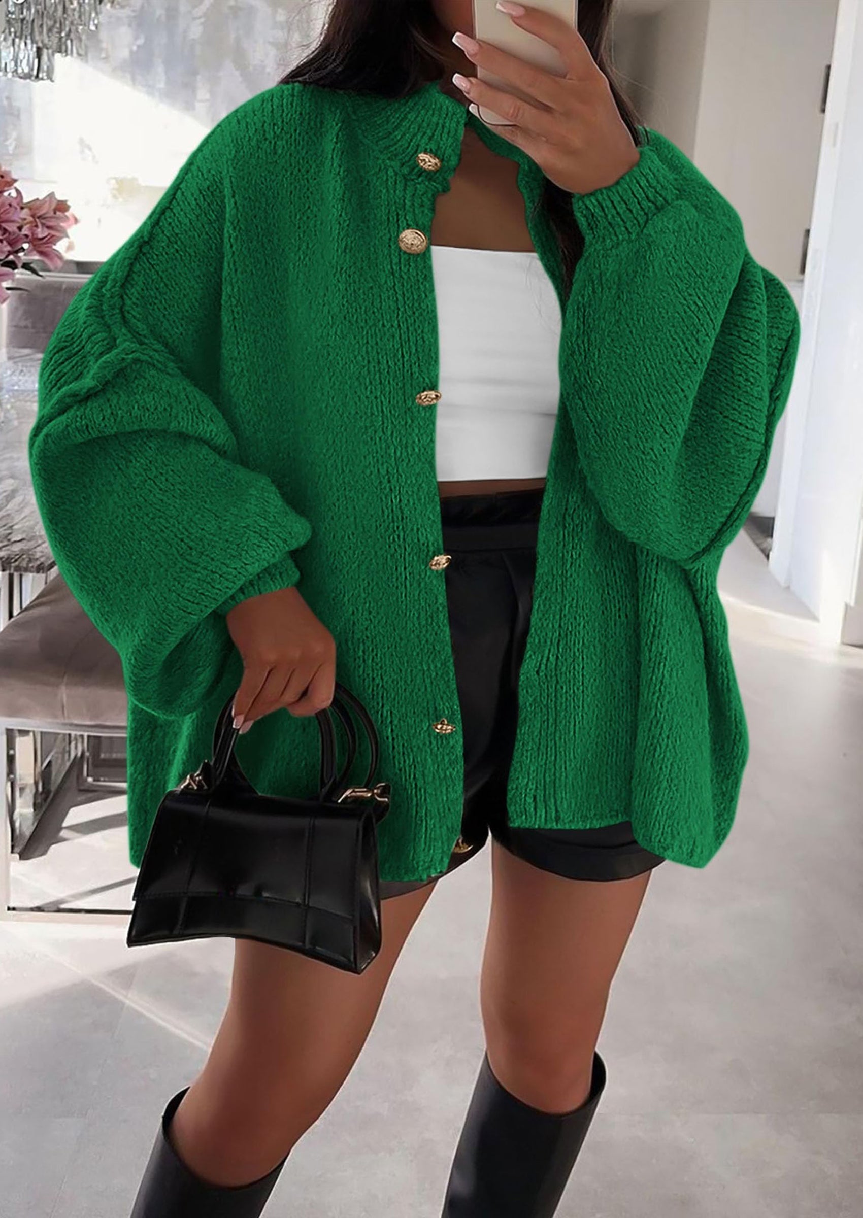 Women's Winter Button Down Cardigan Sweaters Mock Neck Lantern Long Sleeve Chunky Knit Jacket Trendy Outerwear