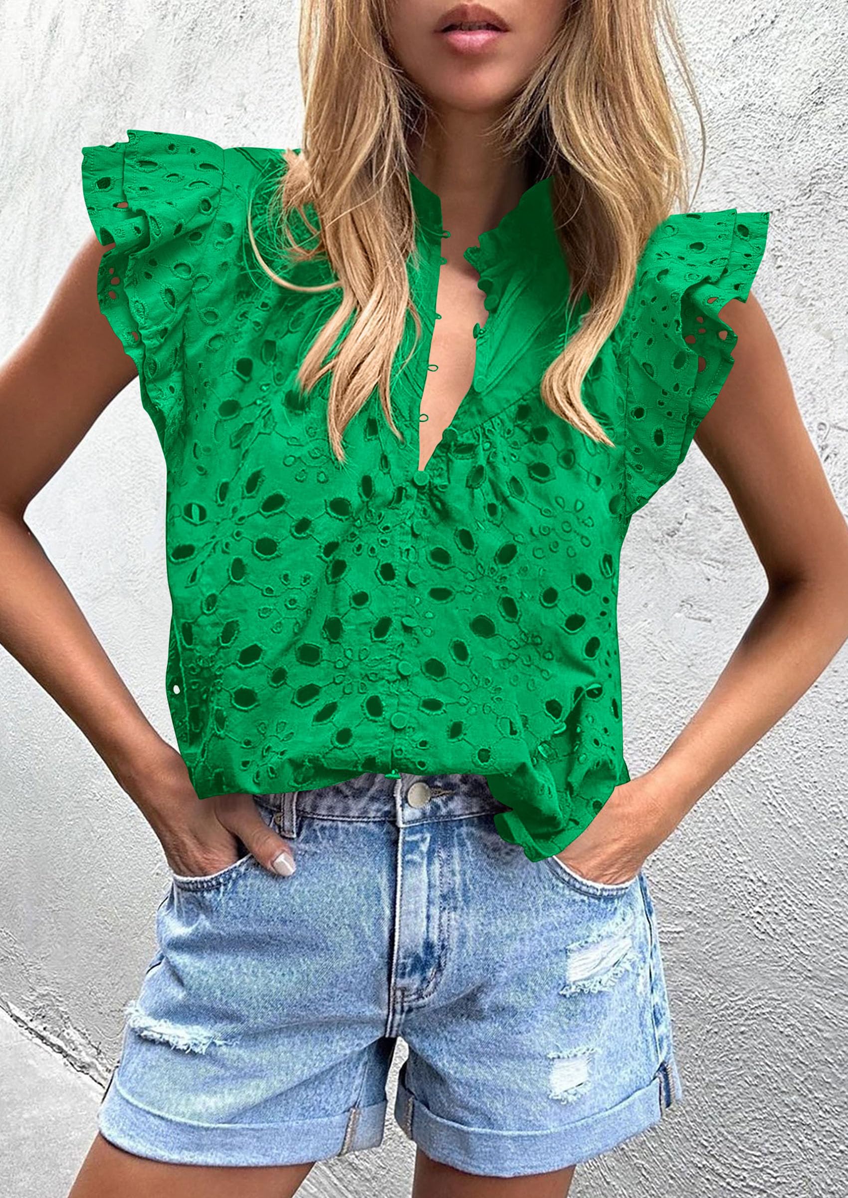 Womens Summer Tops 2025 Dressy Casual Ruffle Cap Sleeve Button V Neck Embroidered Eyelet Blouses Shirts
