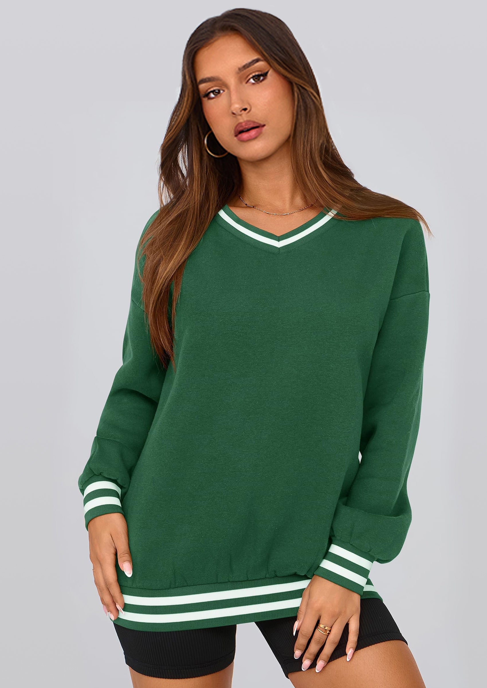 Women's Oversized Sweatshirts Casual Long Sleeve Stripes Knit V Neck Pullover Top Fall Teens Preppy Clothes