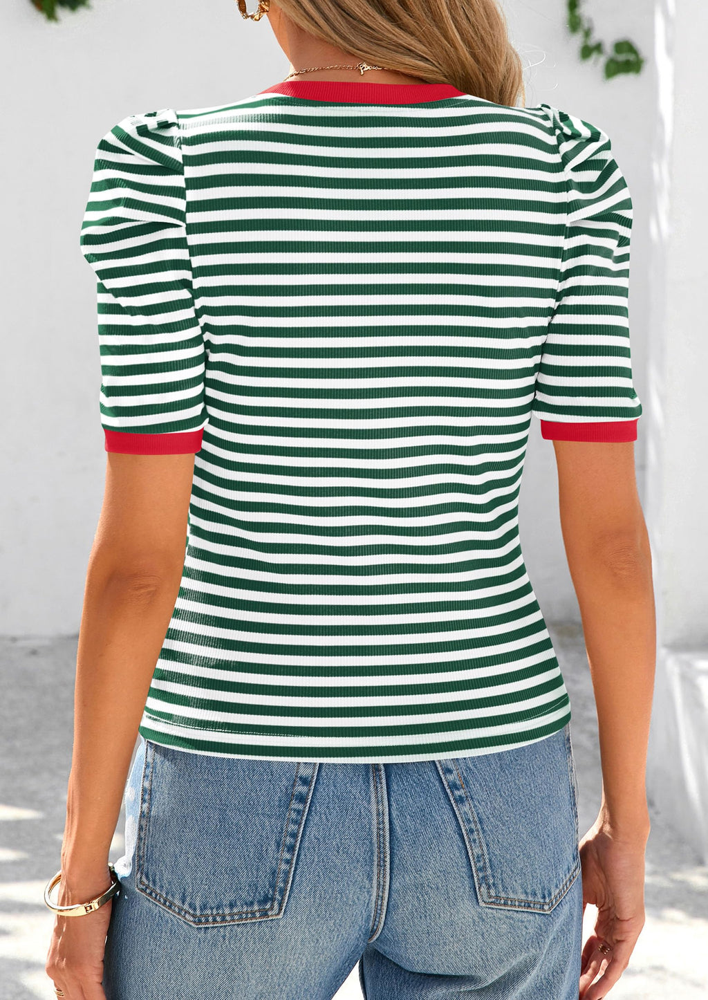 Women's Summer Puff Sleeve Tops Casual Ribbed Knit Crop Top Color Block Trendy Crewneck Striped Shirts