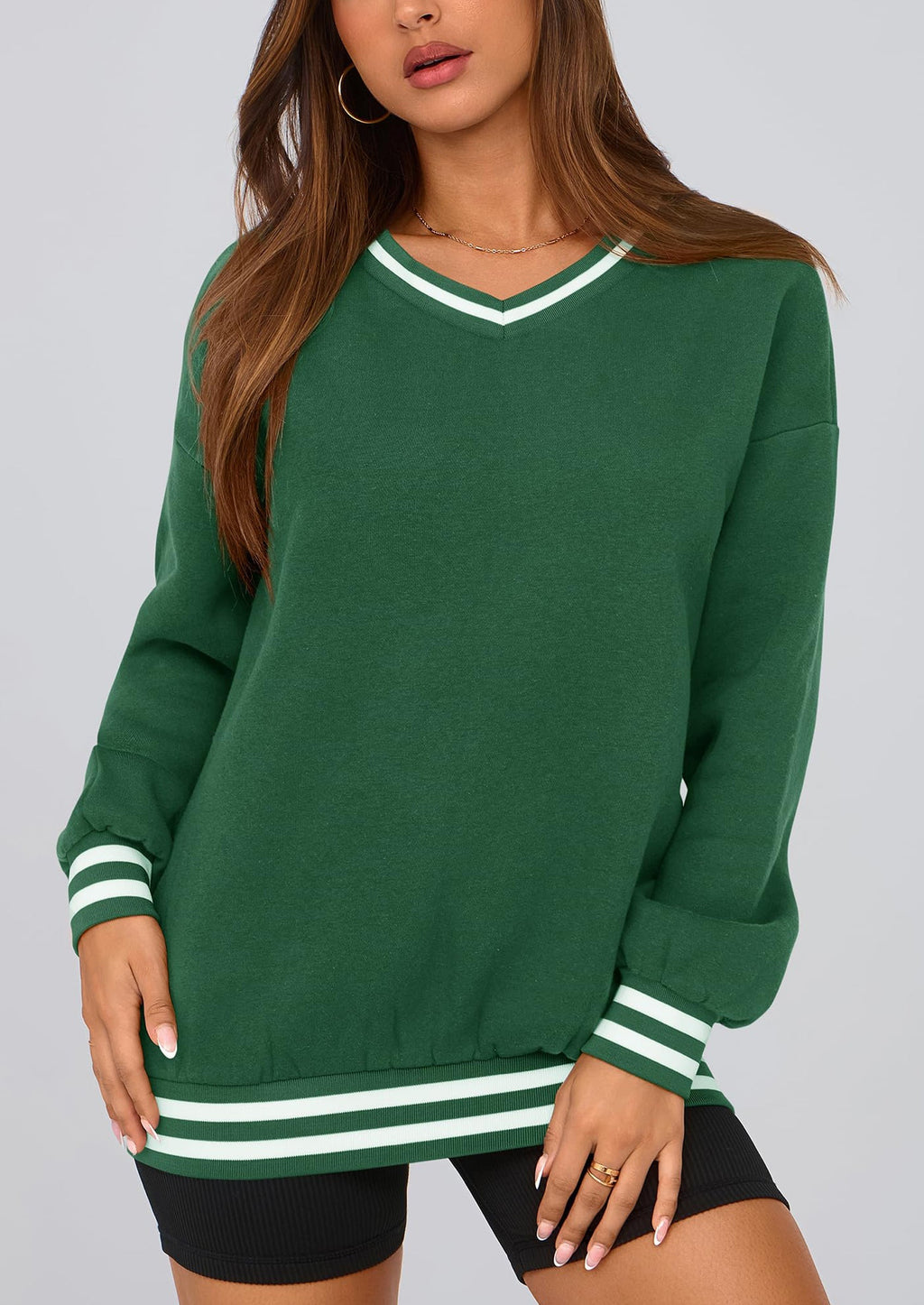 Women's Oversized Sweatshirts Casual Long Sleeve Stripes Knit V Neck Pullover Top Fall Teens Preppy Clothes