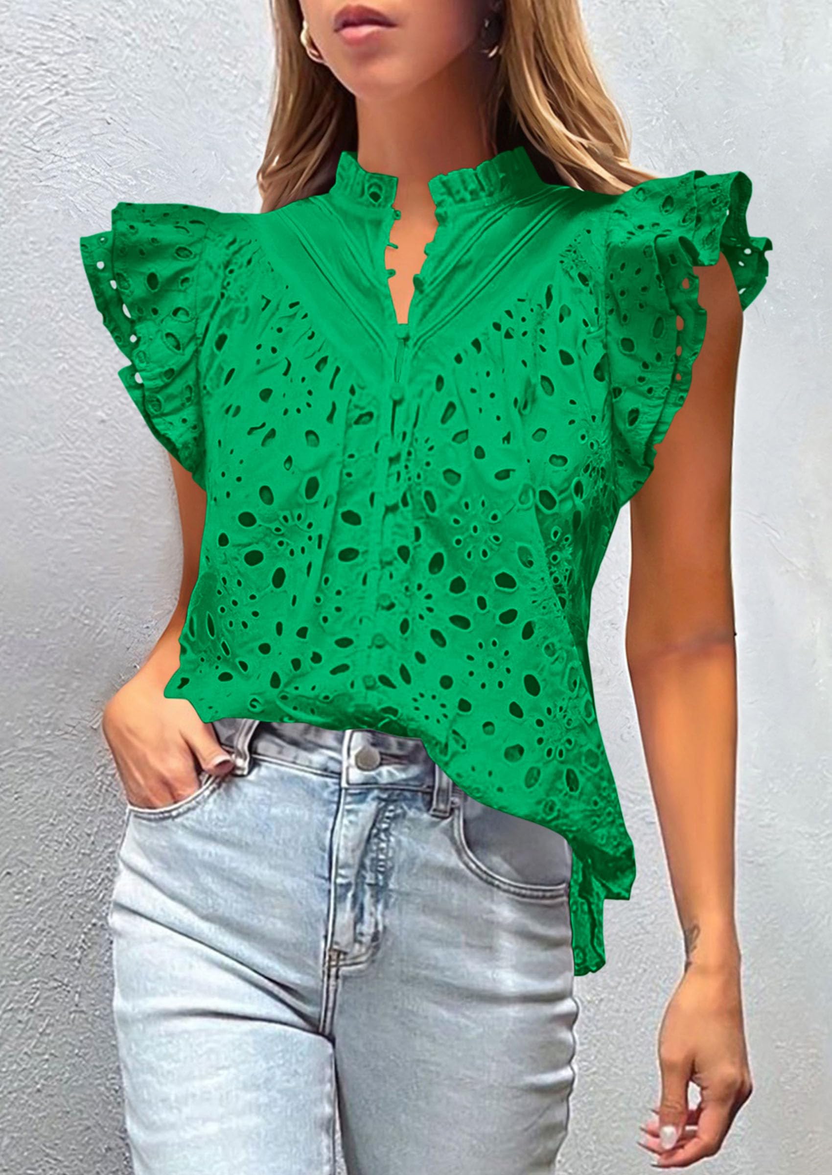 Womens Summer Tops 2025 Dressy Casual Ruffle Cap Sleeve Button V Neck Embroidered Eyelet Blouses Shirts