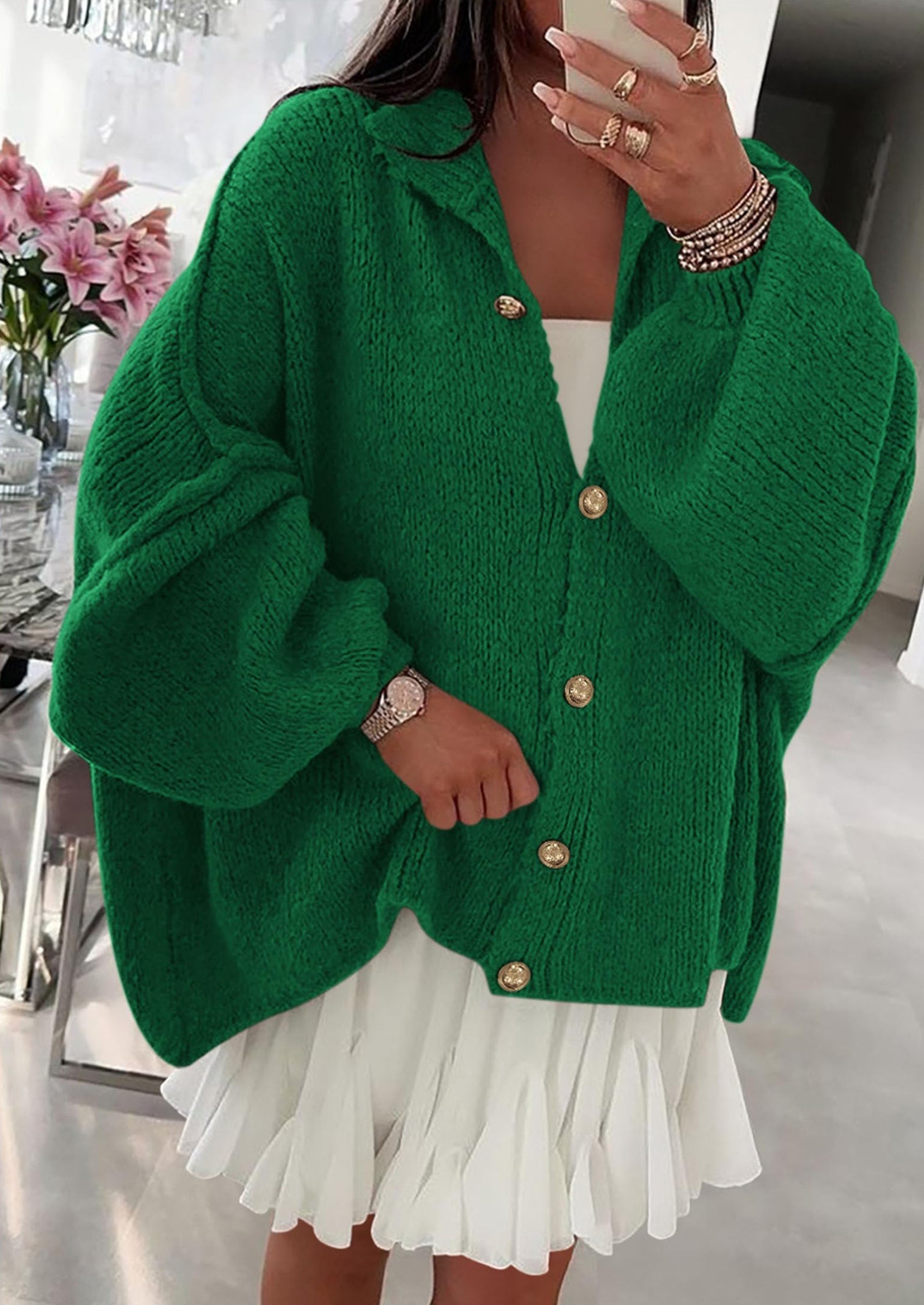 Women's Winter Button Down Cardigan Sweaters Mock Neck Lantern Long Sleeve Chunky Knit Jacket Trendy Outerwear