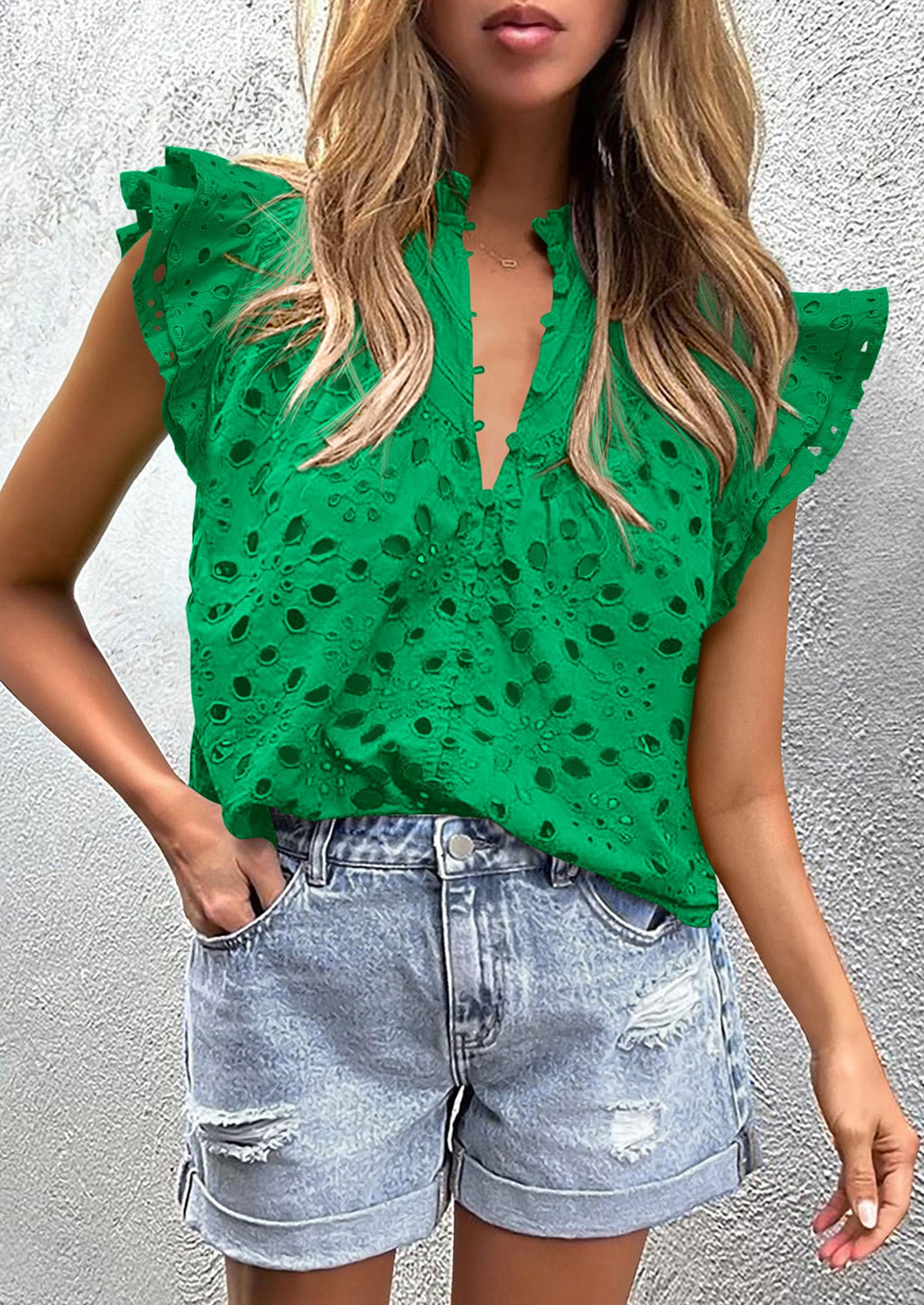 Womens Summer Tops 2025 Dressy Casual Ruffle Cap Sleeve Button V Neck Embroidered Eyelet Blouses Shirts