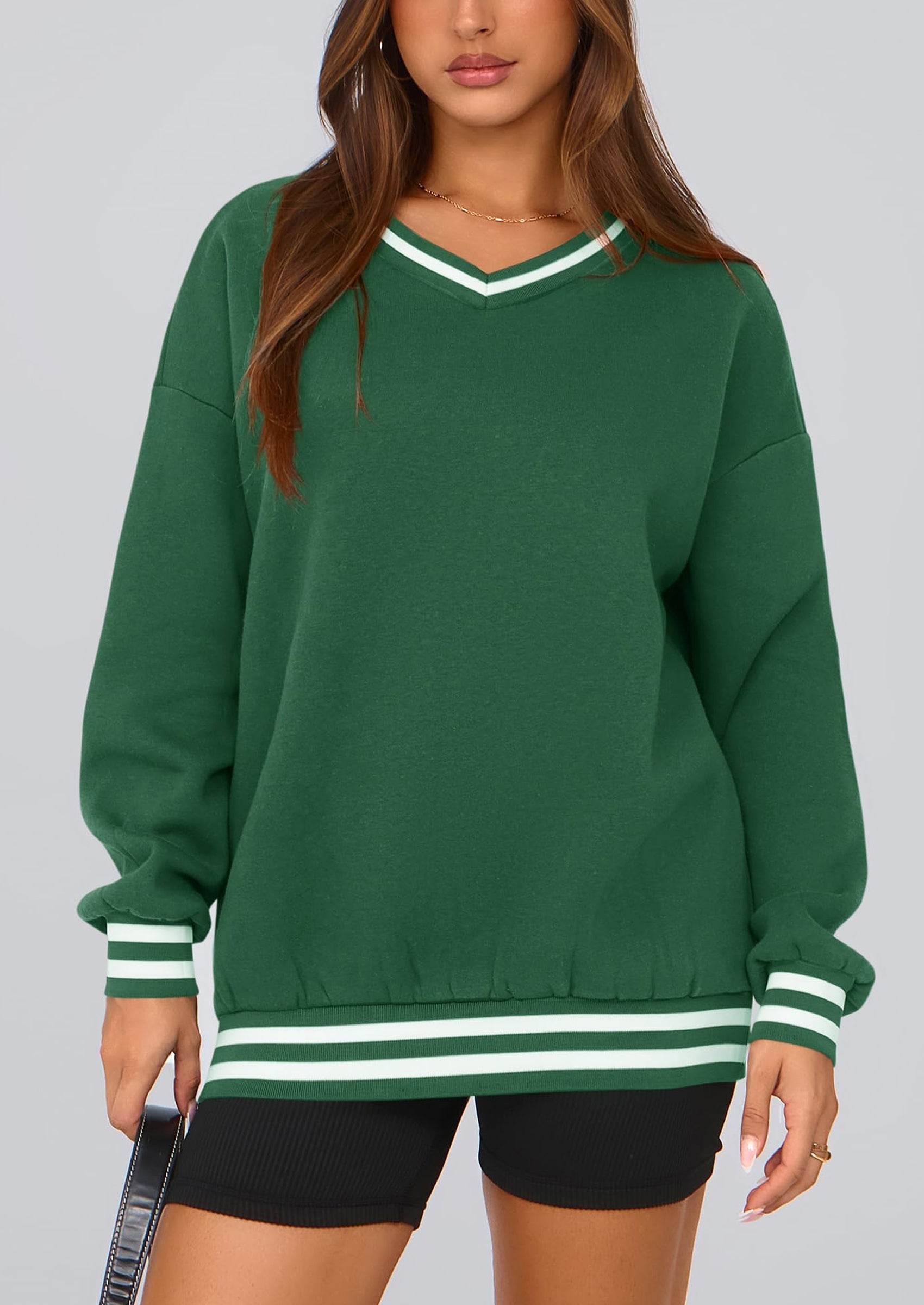 Women's Oversized Sweatshirts Casual Long Sleeve Stripes Knit V Neck Pullover Top Fall Teens Preppy Clothes