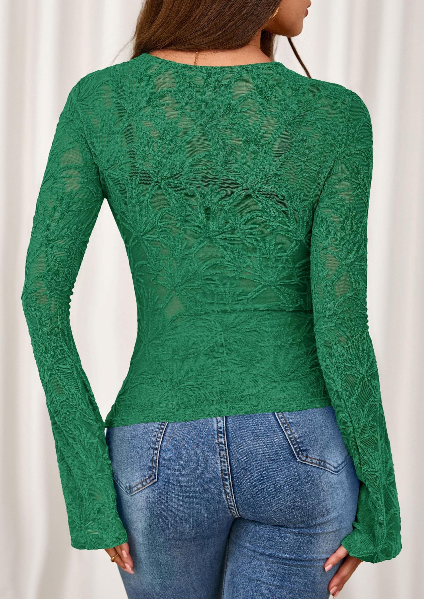 Womens Lace Long Bell Sleeve Tops Fall Sexy See Through Sheer Floral Blouse Shirt Fitted Going Out Outfits