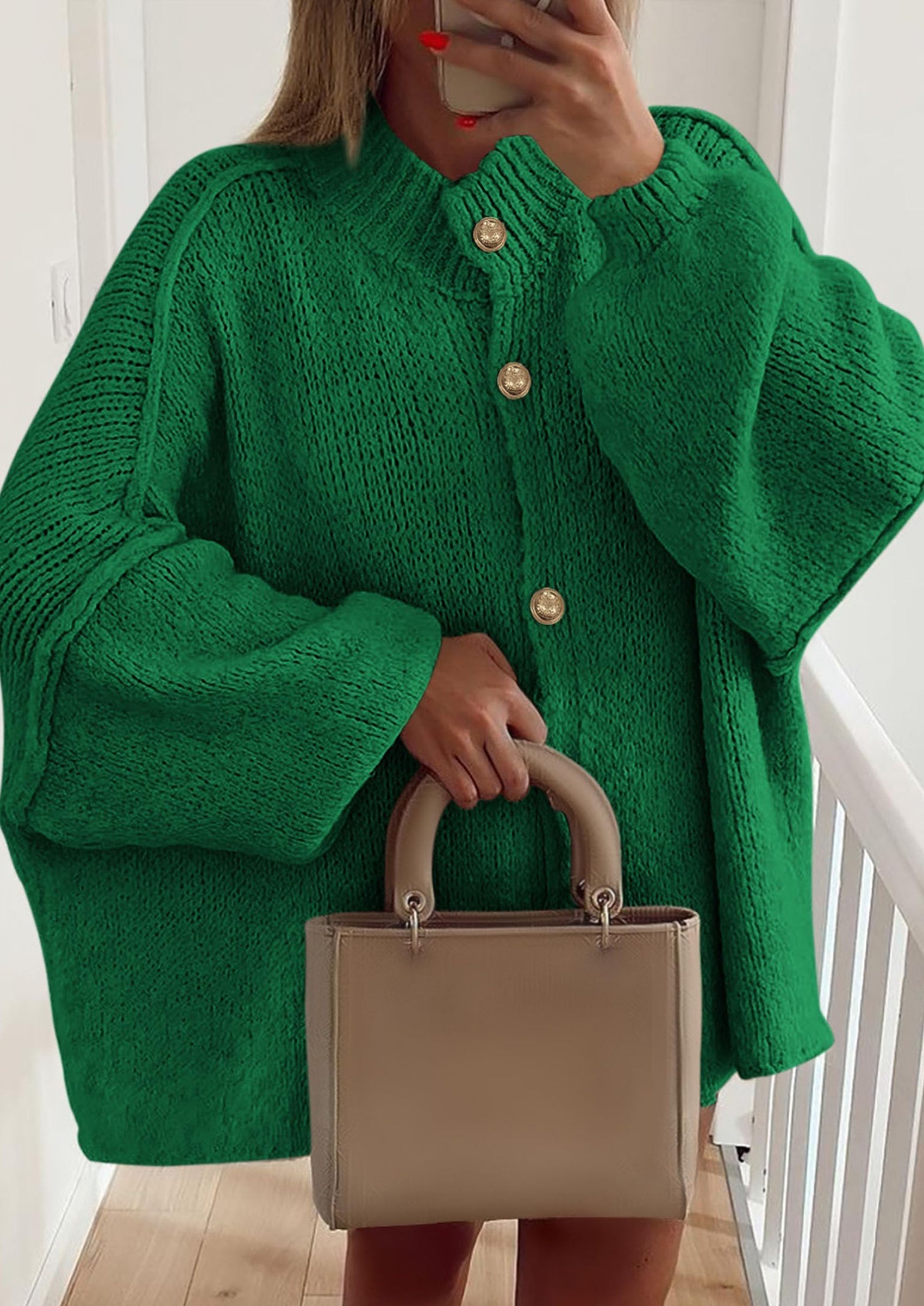 Women's Winter Button Down Cardigan Sweaters Mock Neck Lantern Long Sleeve Chunky Knit Jacket Trendy Outerwear