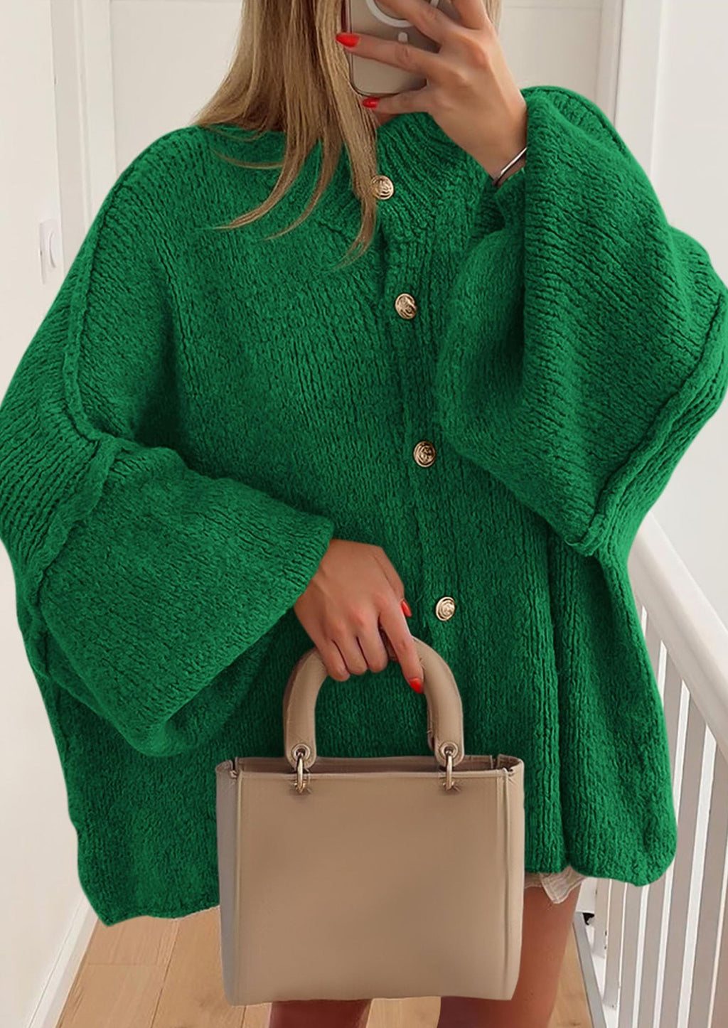 Women's Winter Button Down Cardigan Sweaters Mock Neck Lantern Long Sleeve Chunky Knit Jacket Trendy Outerwear