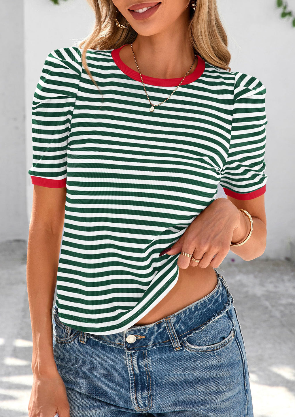 Women's Summer Puff Sleeve Tops Casual Ribbed Knit Crop Top Color Block Trendy Crewneck Striped Shirts