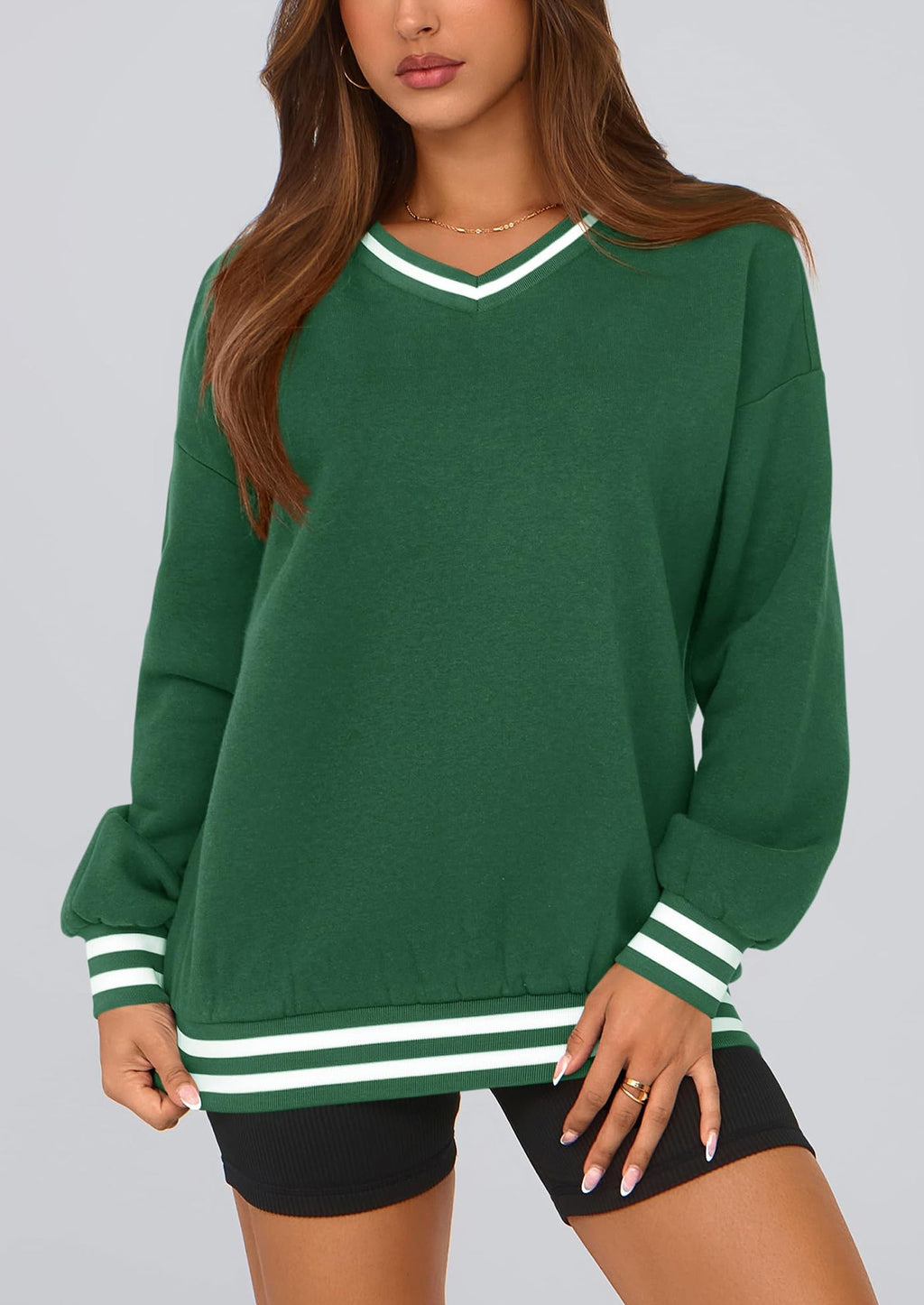 Women's Oversized Sweatshirts Casual Long Sleeve Stripes Knit V Neck Pullover Top Fall Teens Preppy Clothes