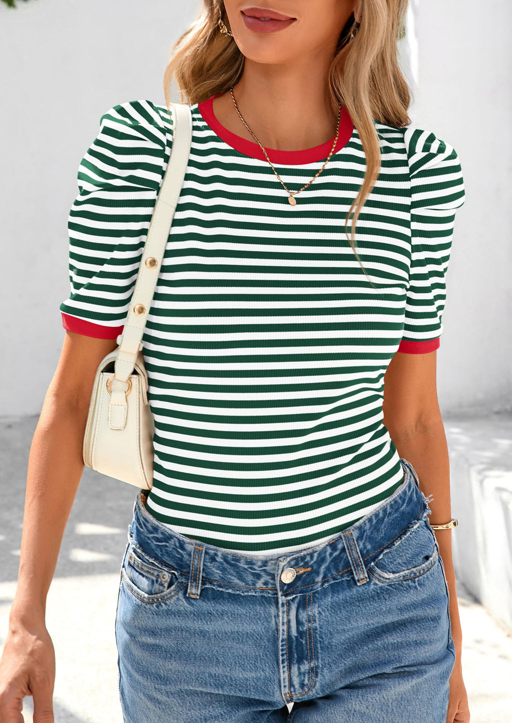 Women's Summer Puff Sleeve Tops Casual Ribbed Knit Crop Top Color Block Trendy Crewneck Striped Shirts