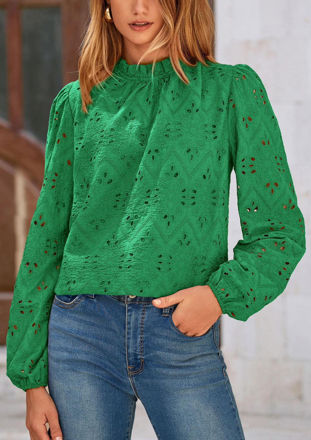 Womens Tops Dressy Casual Spring Long Sleeve Shirts Embroidered Eyelet Blouses Going Out Outfits