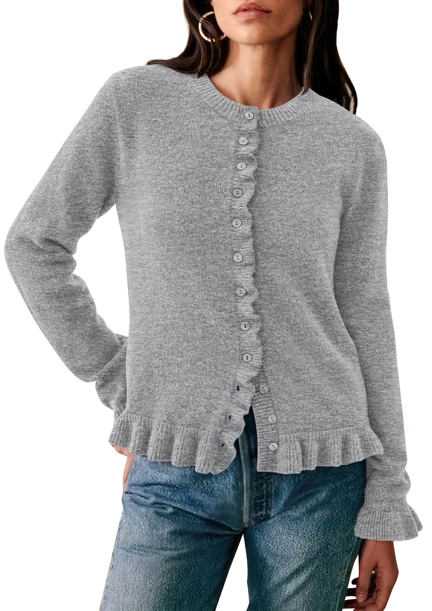 Womens Fall Button Down Cardigans Chunky Knit Ruffle Open Front Cropped Cardigan Sweaters Soft Long Sleeve Tops