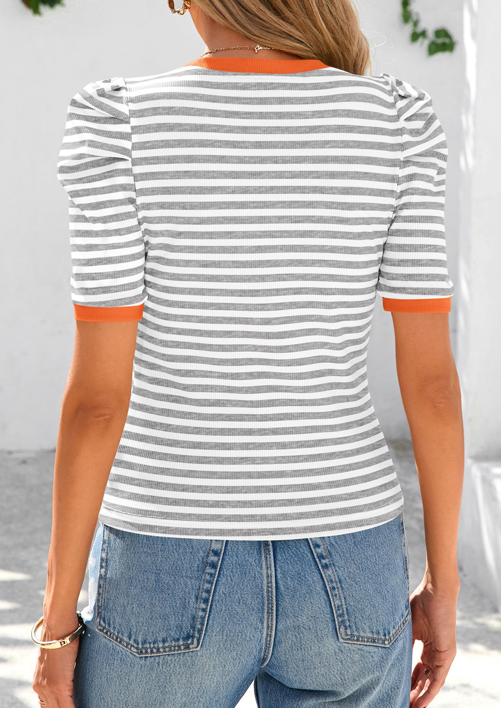 Women's Summer Puff Sleeve Tops Casual Ribbed Knit Crop Top Color Block Trendy Crewneck Striped Shirts