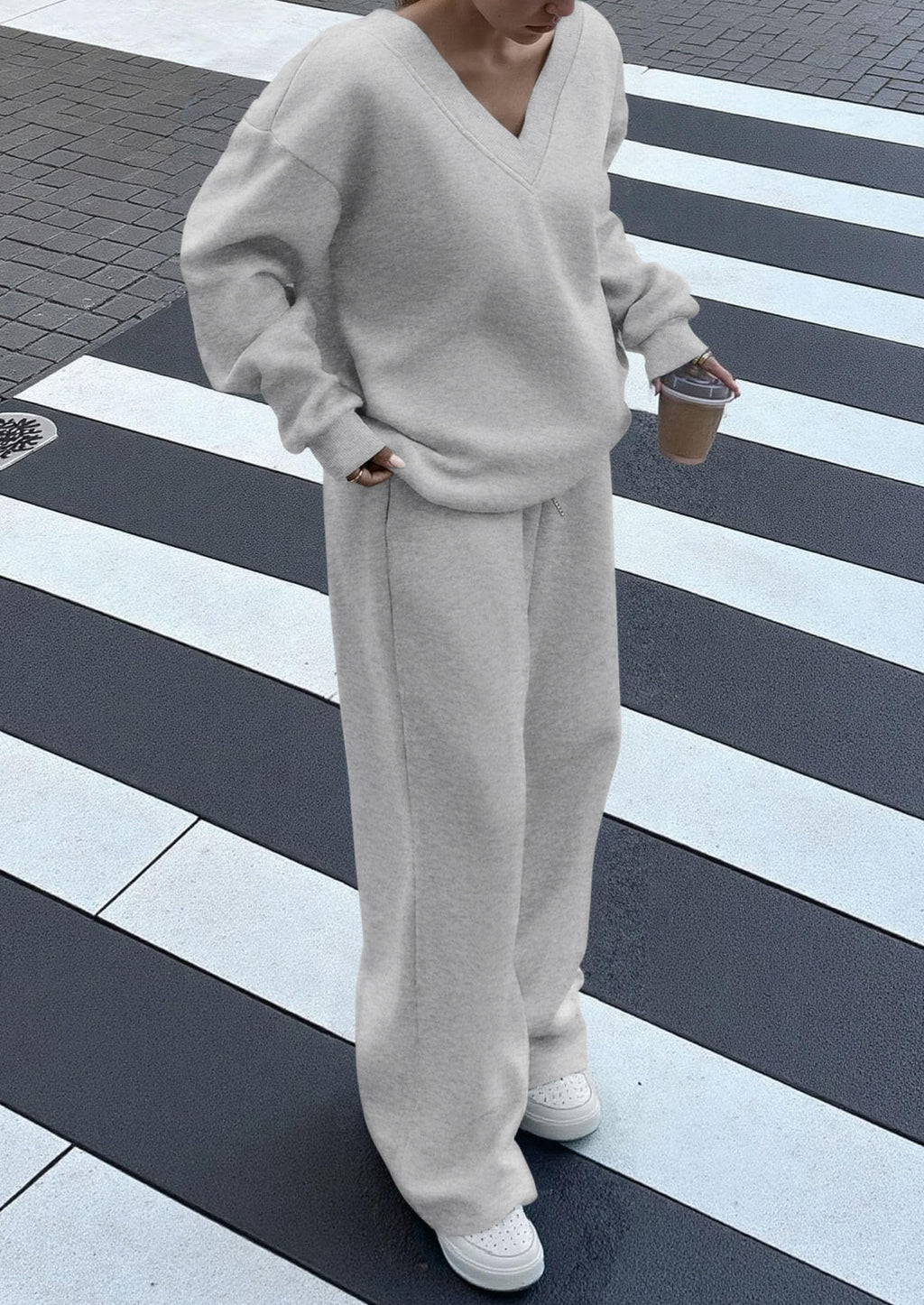 Casual Winter Two Piece Sets for Women V Neck Sweatshirt Loose Wide Leg Pants Tracksuit Knit Fall Outfits