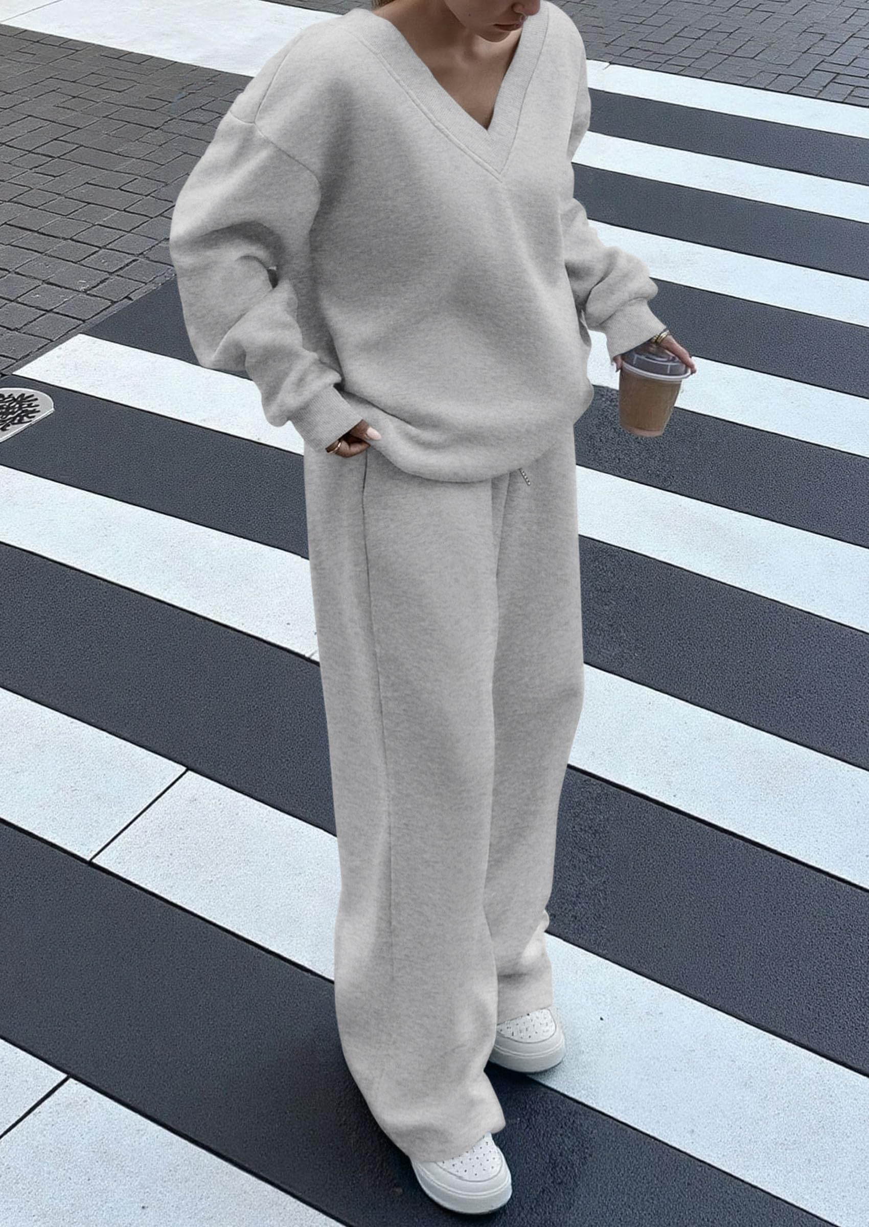 Casual Winter Two Piece Sets for Women V Neck Sweatshirt Loose Wide Leg Pants Tracksuit Knit Fall Outfits