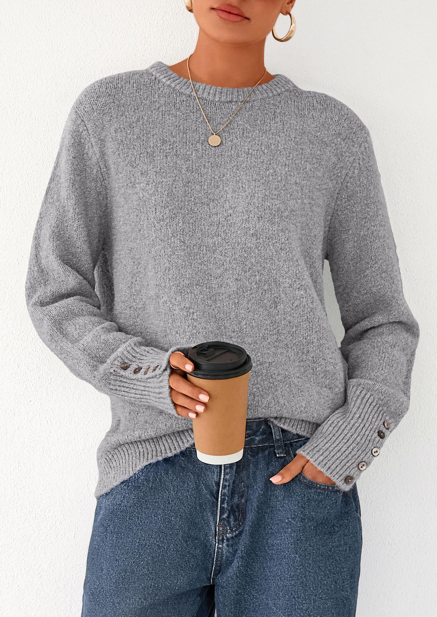 Womens Sweaters Fall Fashion Casual Crewneck Pullover Button Long Sleeve Cute Knit Tops Winter Clothes