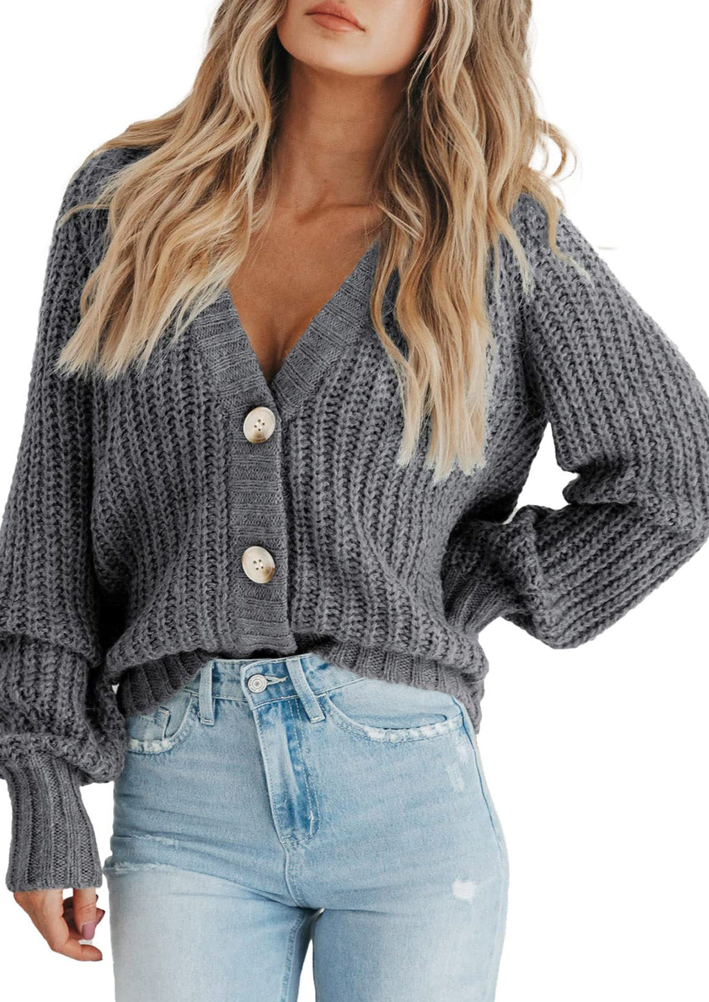 Women's Chunky Knit Open Front Sweater Long Sleeve Button Loose Short Cardigan Outerwear Coats