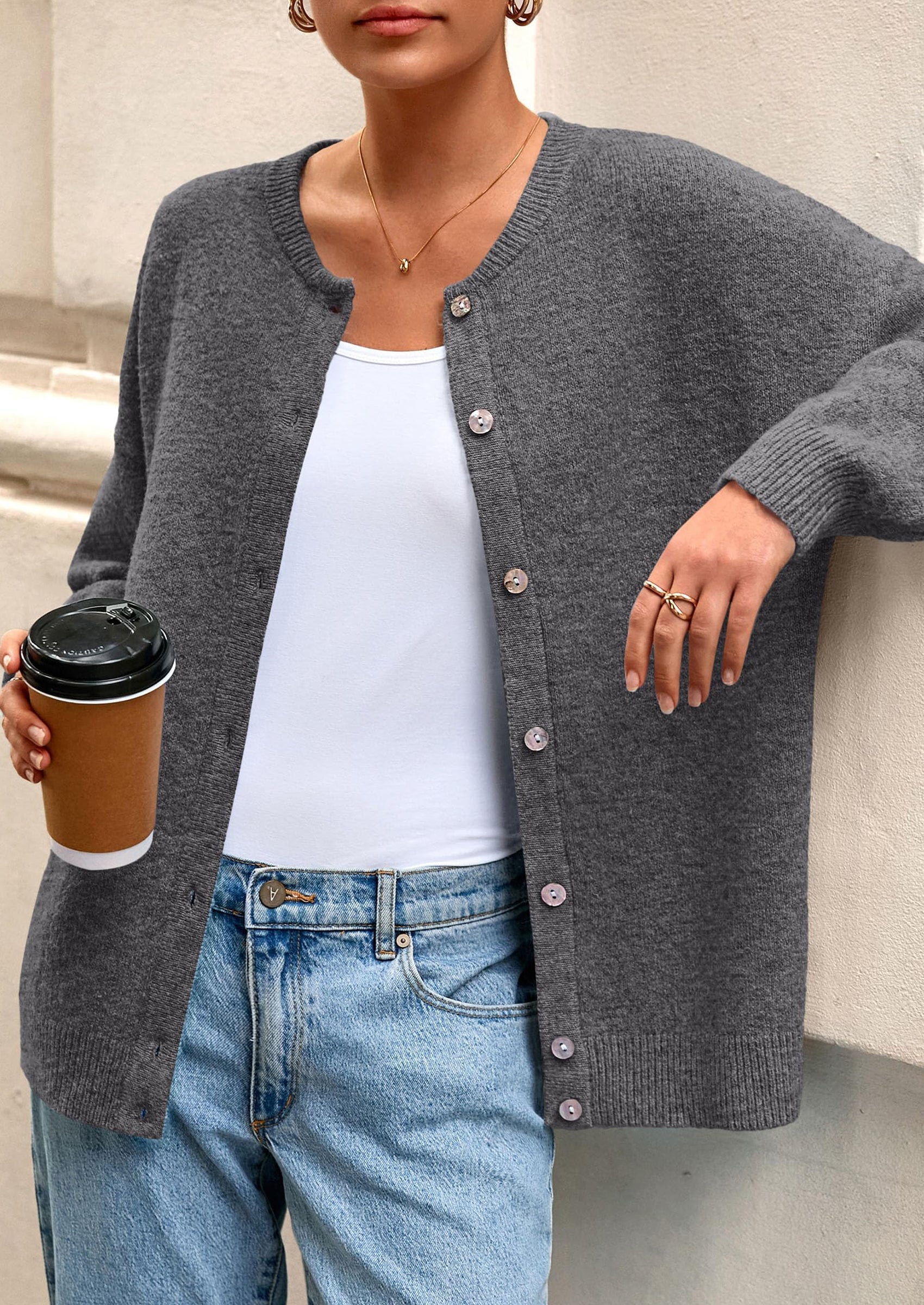 Fall Long Sleeve Cardigans for Women Trendy Open Front Winter Button Down Crewneck Soft Knit Sweater Jacket