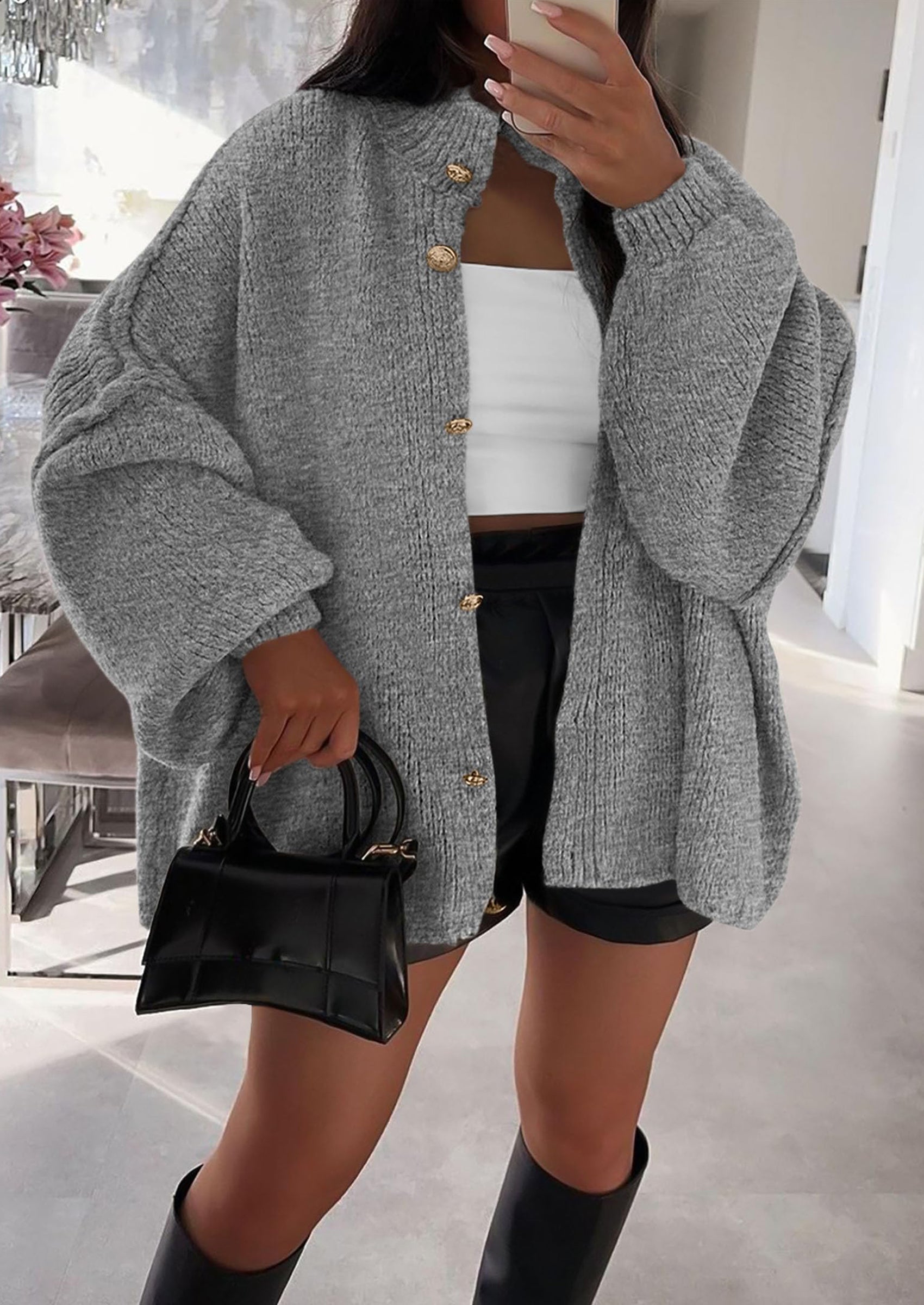 Women's Winter Button Down Cardigan Sweaters Mock Neck Lantern Long Sleeve Chunky Knit Jacket Trendy Outerwear