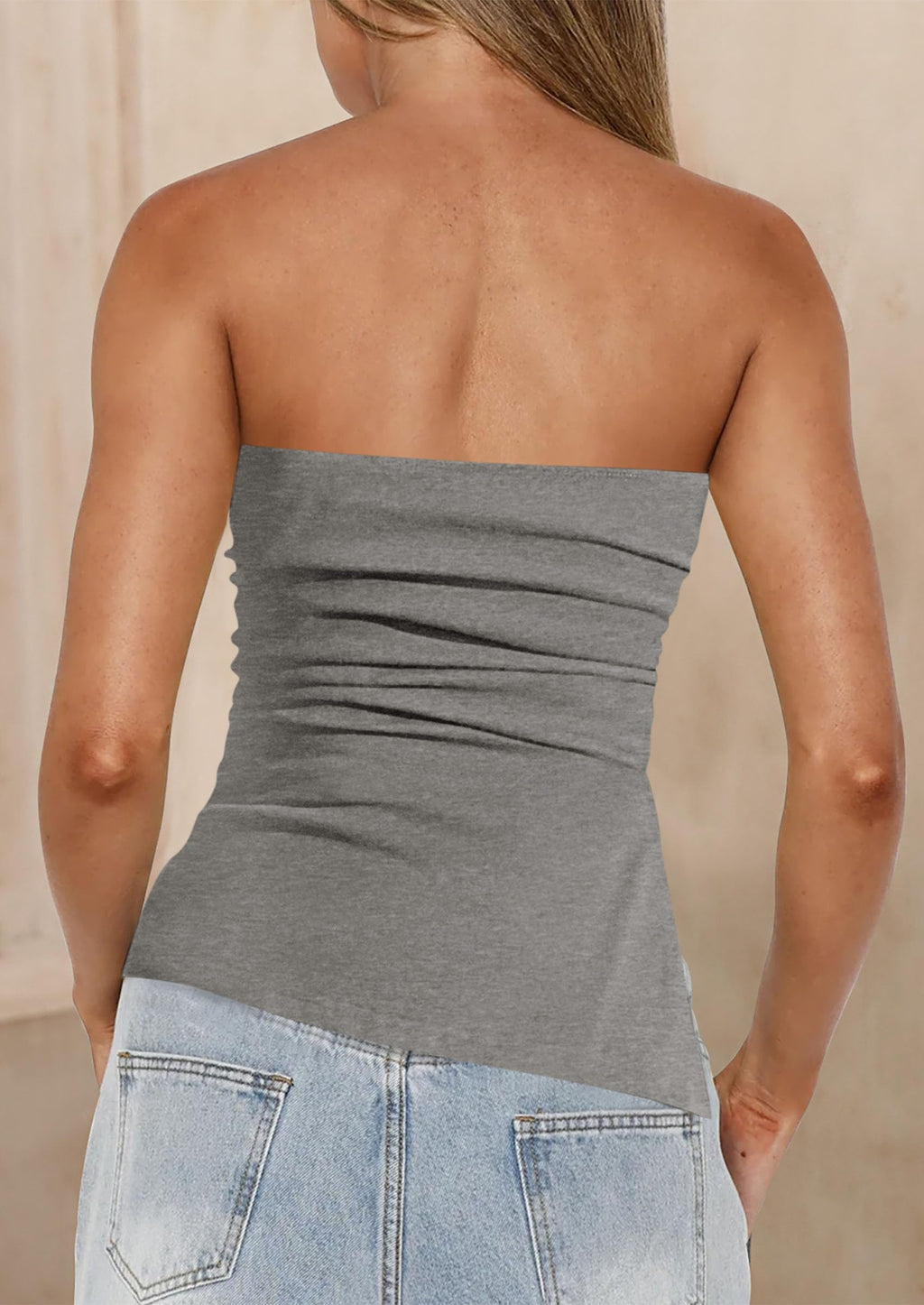 Womens Summer Tube Tops Trendy Strapless Ruched Going Out Tops Outfits Asymmetrical Bandeau Shirts