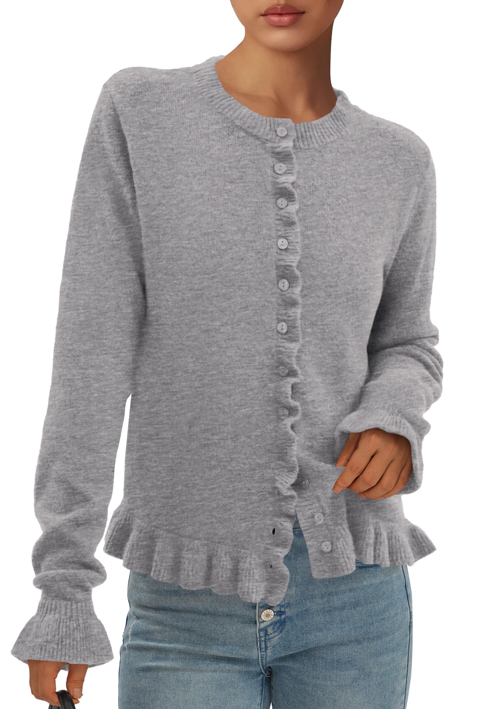 Womens Fall Button Down Cardigans Chunky Knit Ruffle Open Front Cropped Cardigan Sweaters Soft Long Sleeve Tops