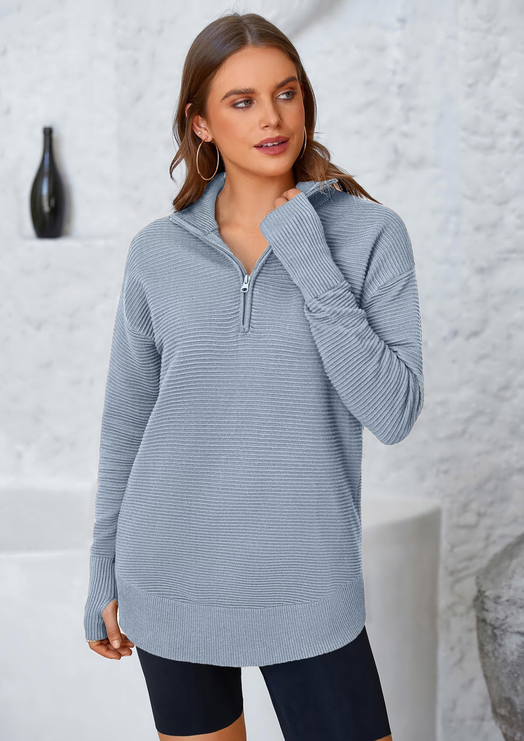 Womens Long Sleeve Quarter Zip Pullover Sweater Casual Loose V Neck Collared Ribbed Knit Jumper Tops Thumb Hole