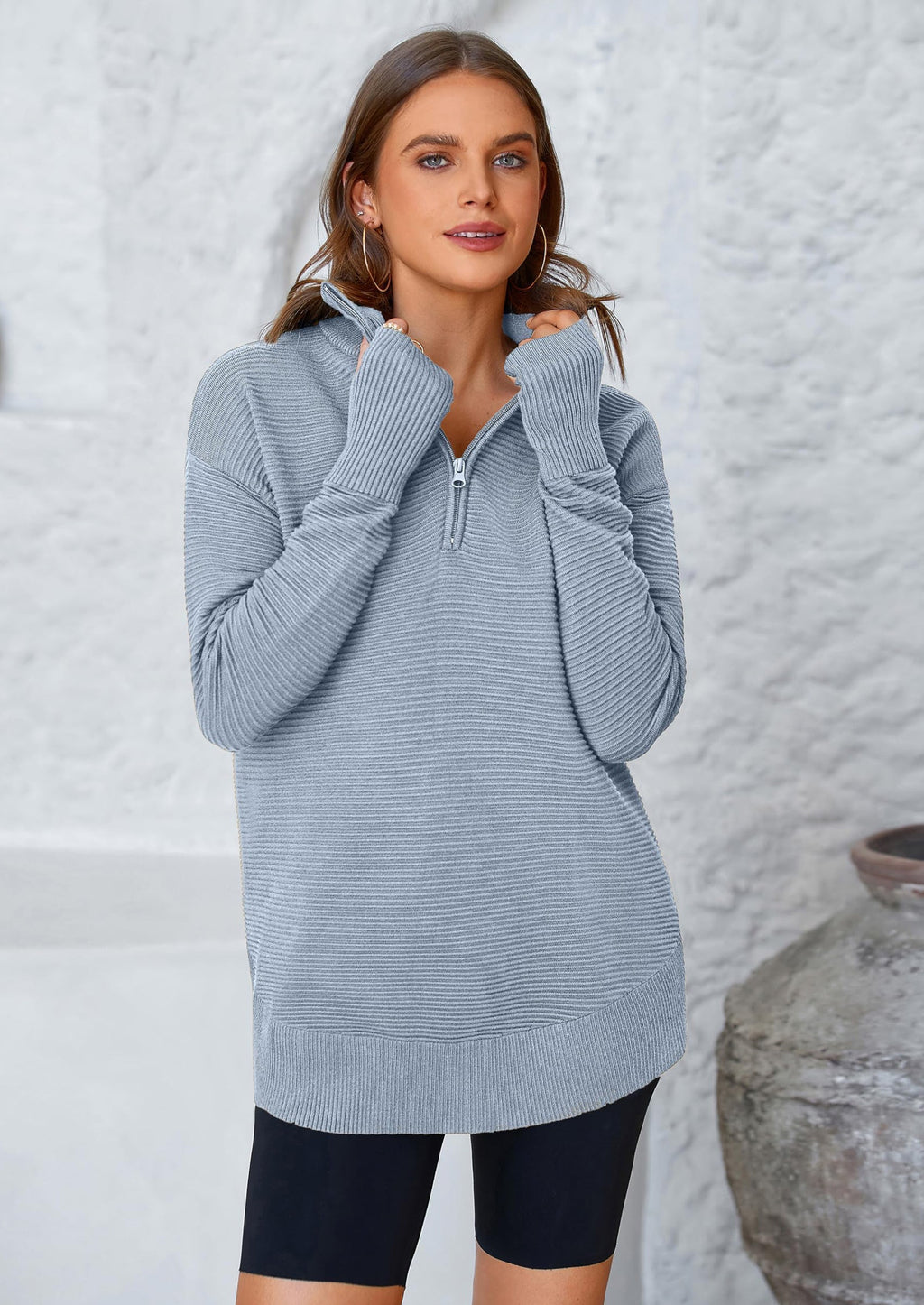 Womens Long Sleeve Quarter Zip Pullover Sweater Casual Loose V Neck Collared Ribbed Knit Jumper Tops Thumb Hole