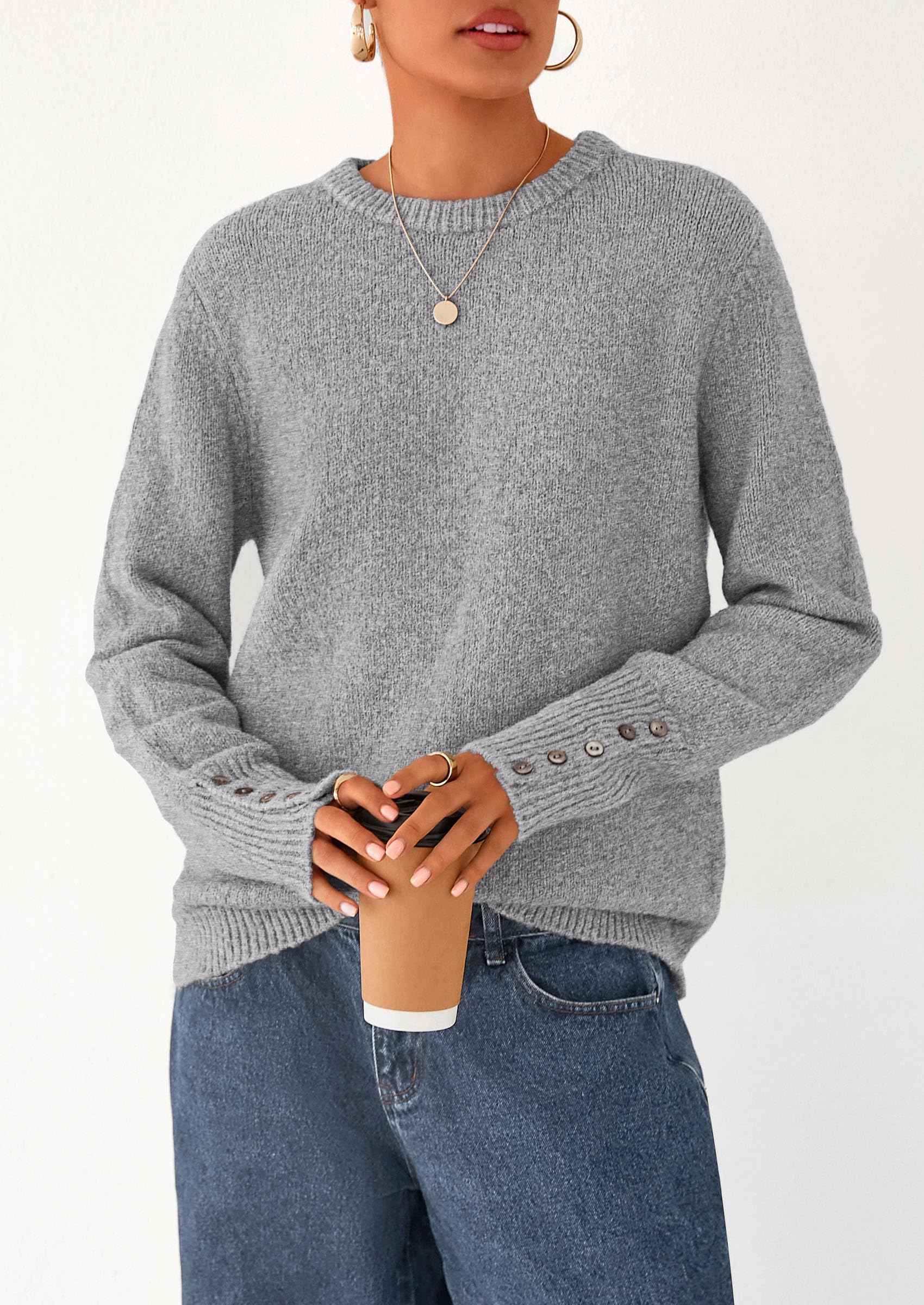 Womens Sweaters Fall Fashion Casual Crewneck Pullover Button Long Sleeve Cute Knit Tops Winter Clothes