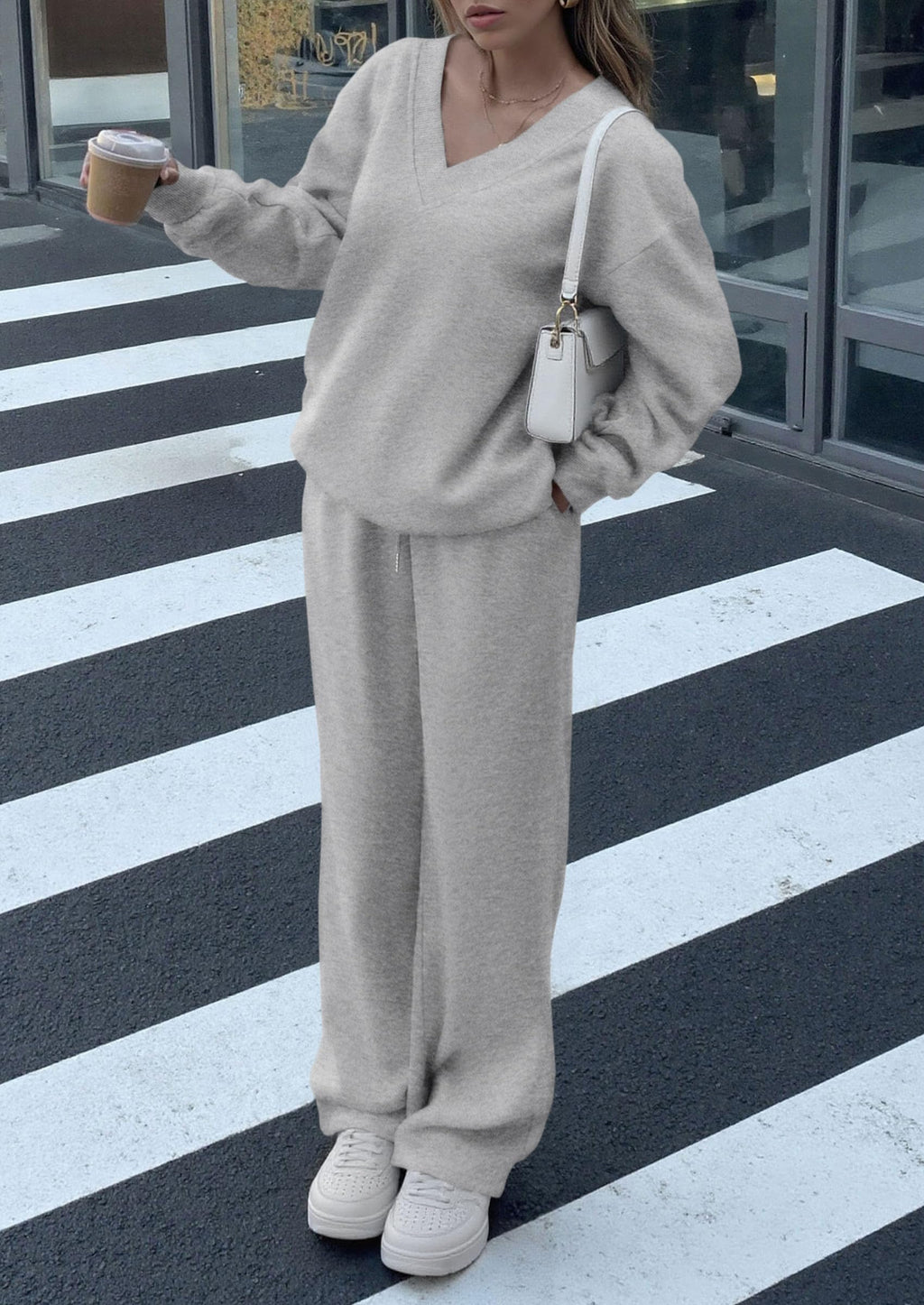 Casual Winter Two Piece Sets for Women V Neck Sweatshirt Loose Wide Leg Pants Tracksuit Knit Fall Outfits