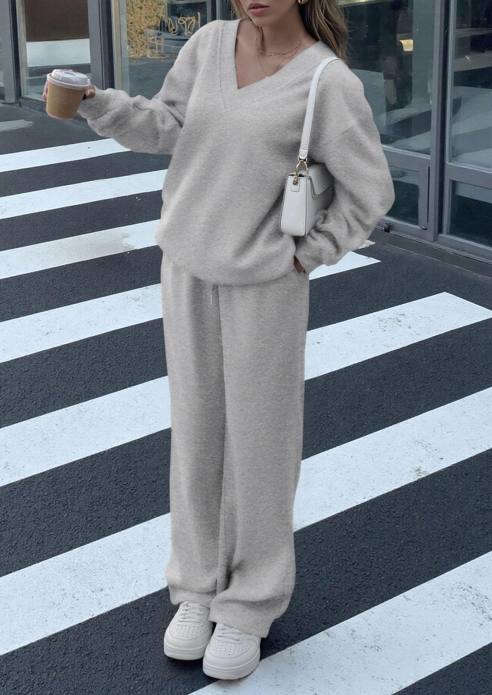 Casual Winter Two Piece Sets for Women V Neck Sweatshirt Loose Wide Leg Pants Tracksuit Knit Fall Outfits