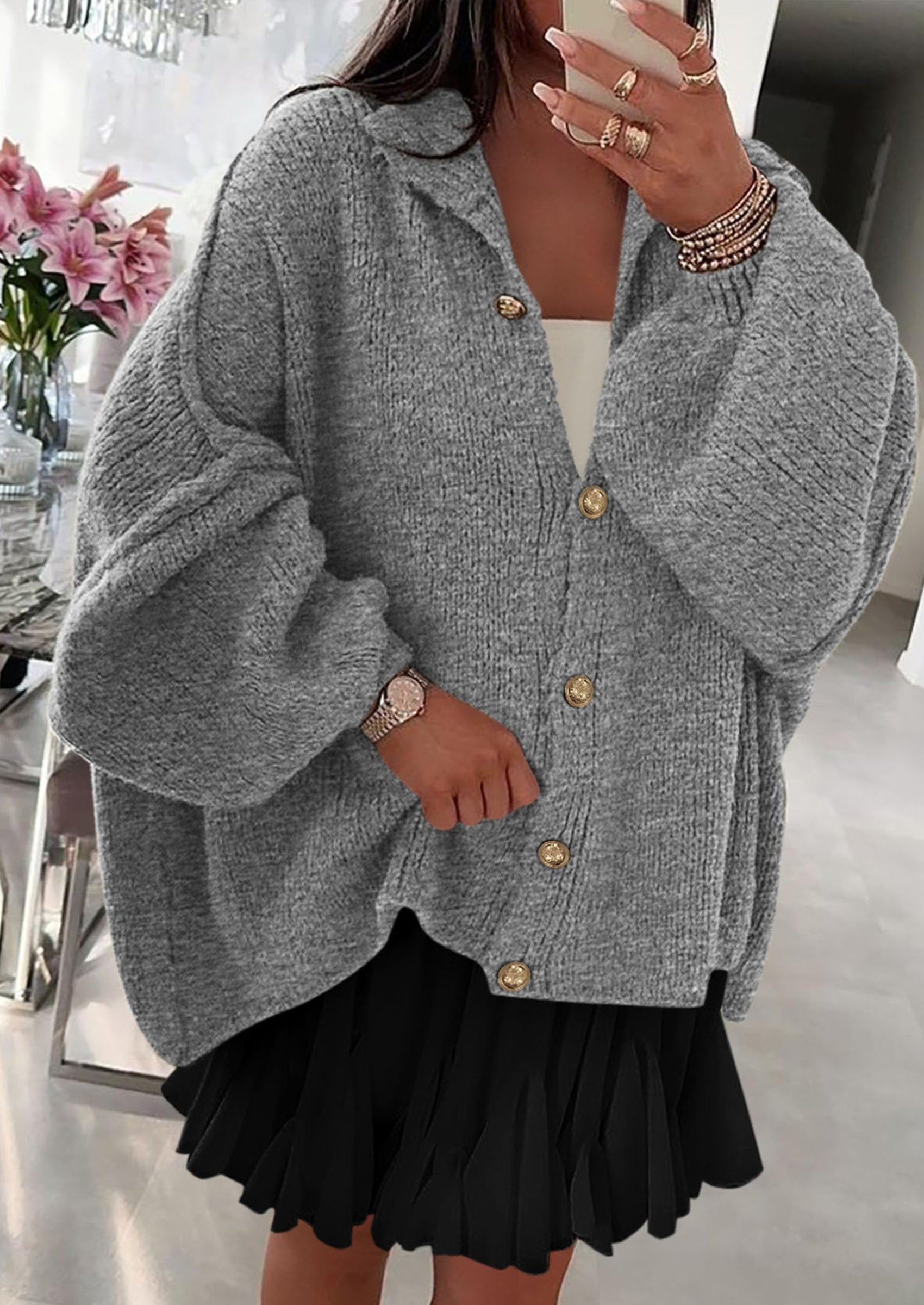 Women's Winter Button Down Cardigan Sweaters Mock Neck Lantern Long Sleeve Chunky Knit Jacket Trendy Outerwear