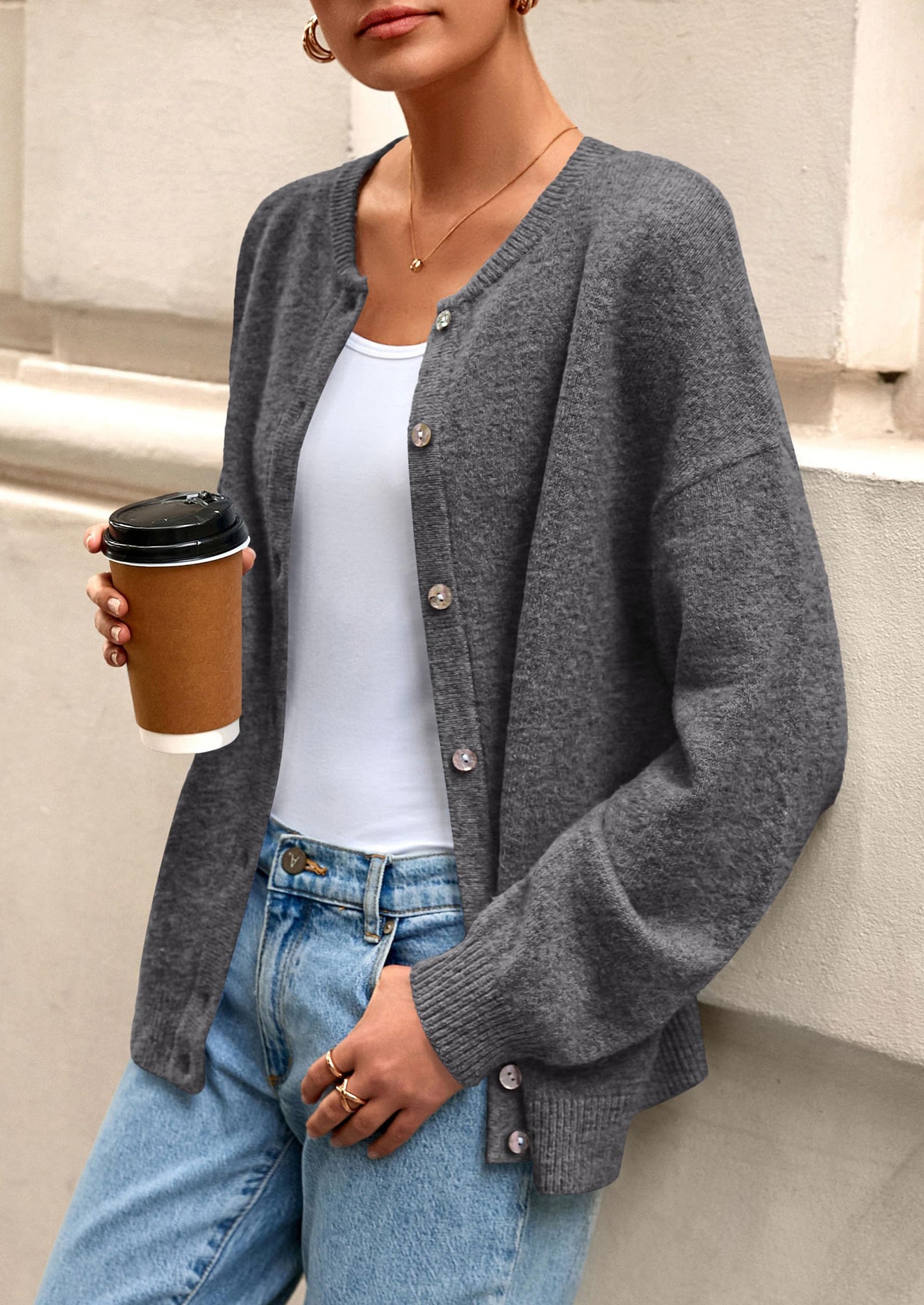 Fall Long Sleeve Cardigans for Women Trendy Open Front Winter Button Down Crewneck Soft Knit Sweater Jacket