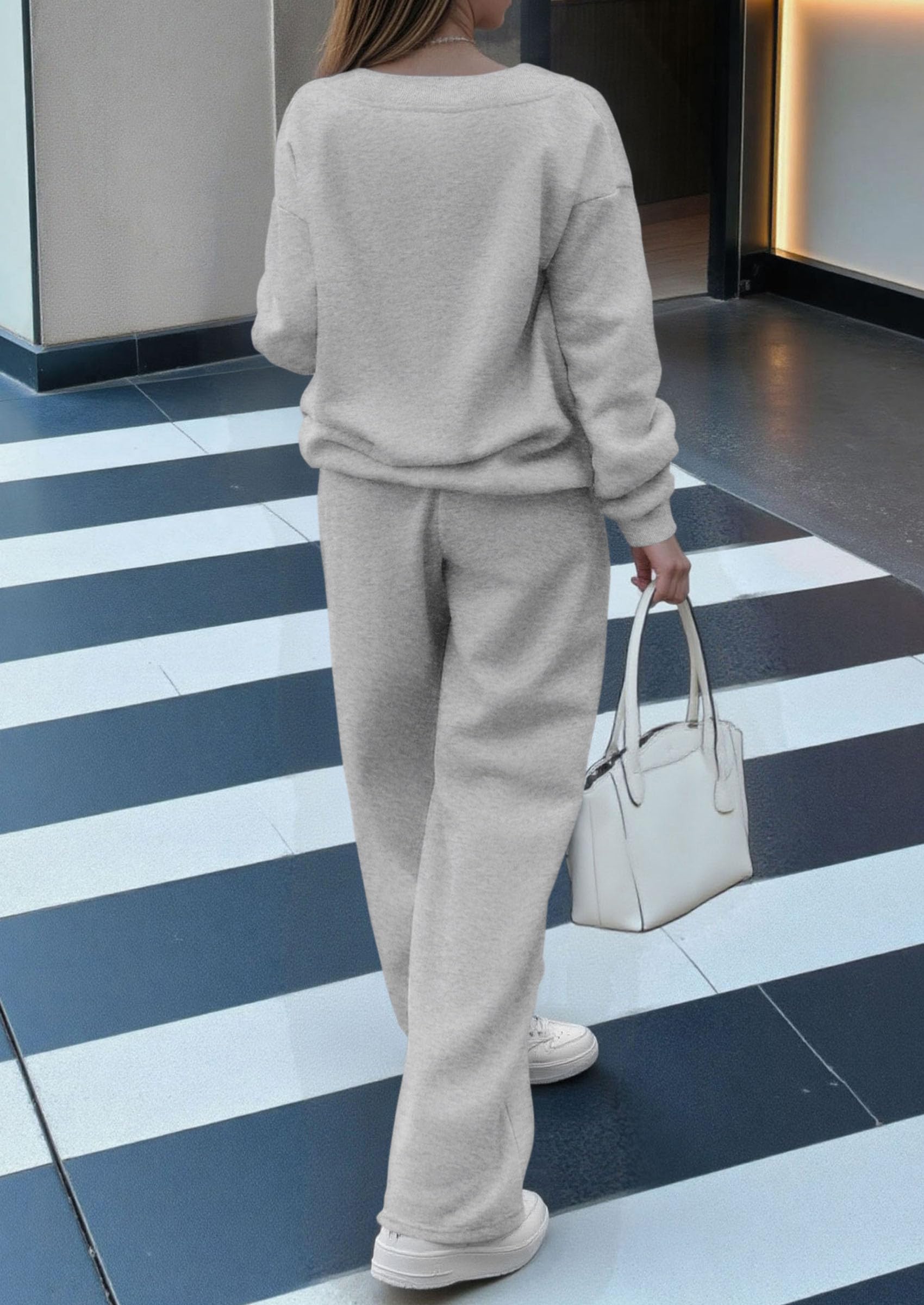 Casual Winter Two Piece Sets for Women V Neck Sweatshirt Loose Wide Leg Pants Tracksuit Knit Fall Outfits