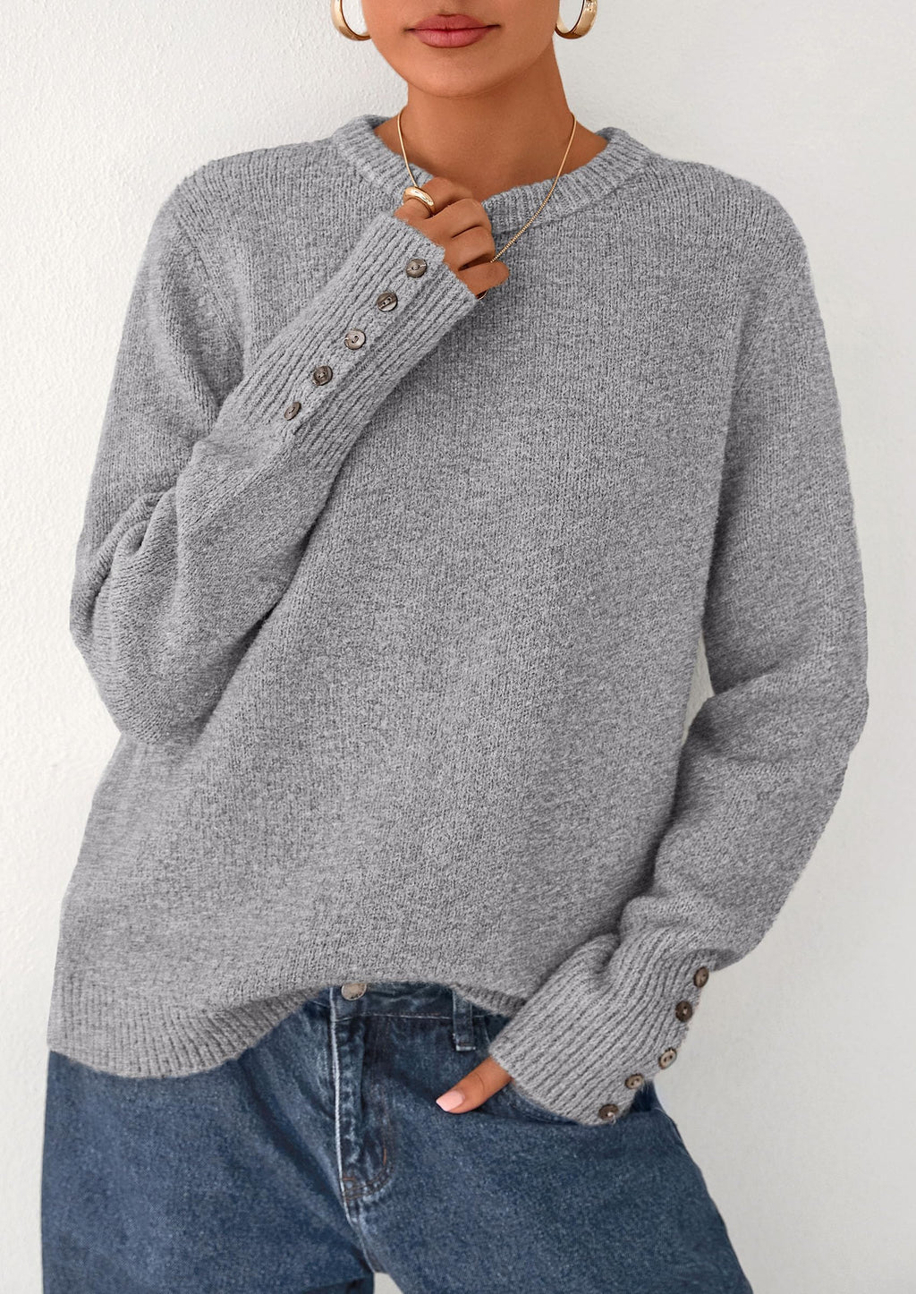 Womens Sweaters Fall Fashion Casual Crewneck Pullover Button Long Sleeve Cute Knit Tops Winter Clothes