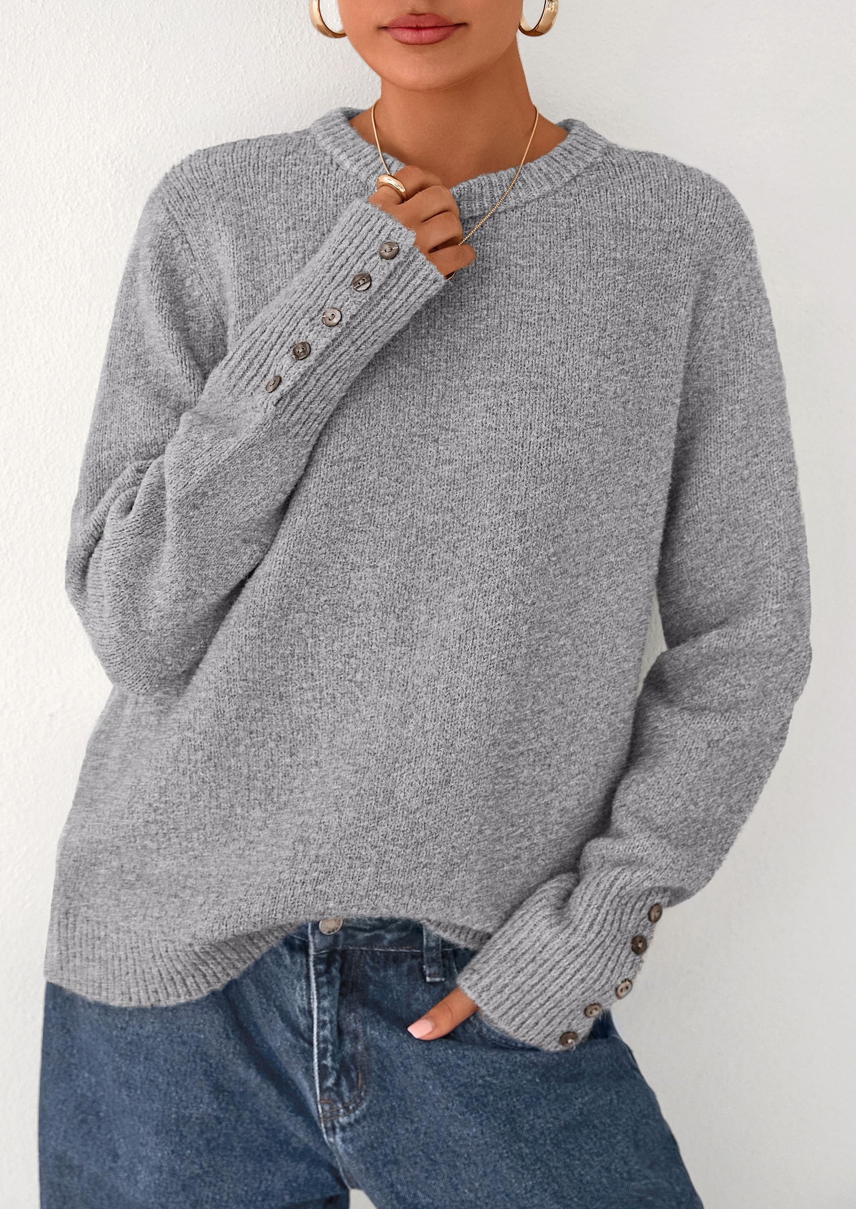 Womens Sweaters Fall Fashion Casual Crewneck Pullover Button Long Sleeve Cute Knit Tops Winter Clothes