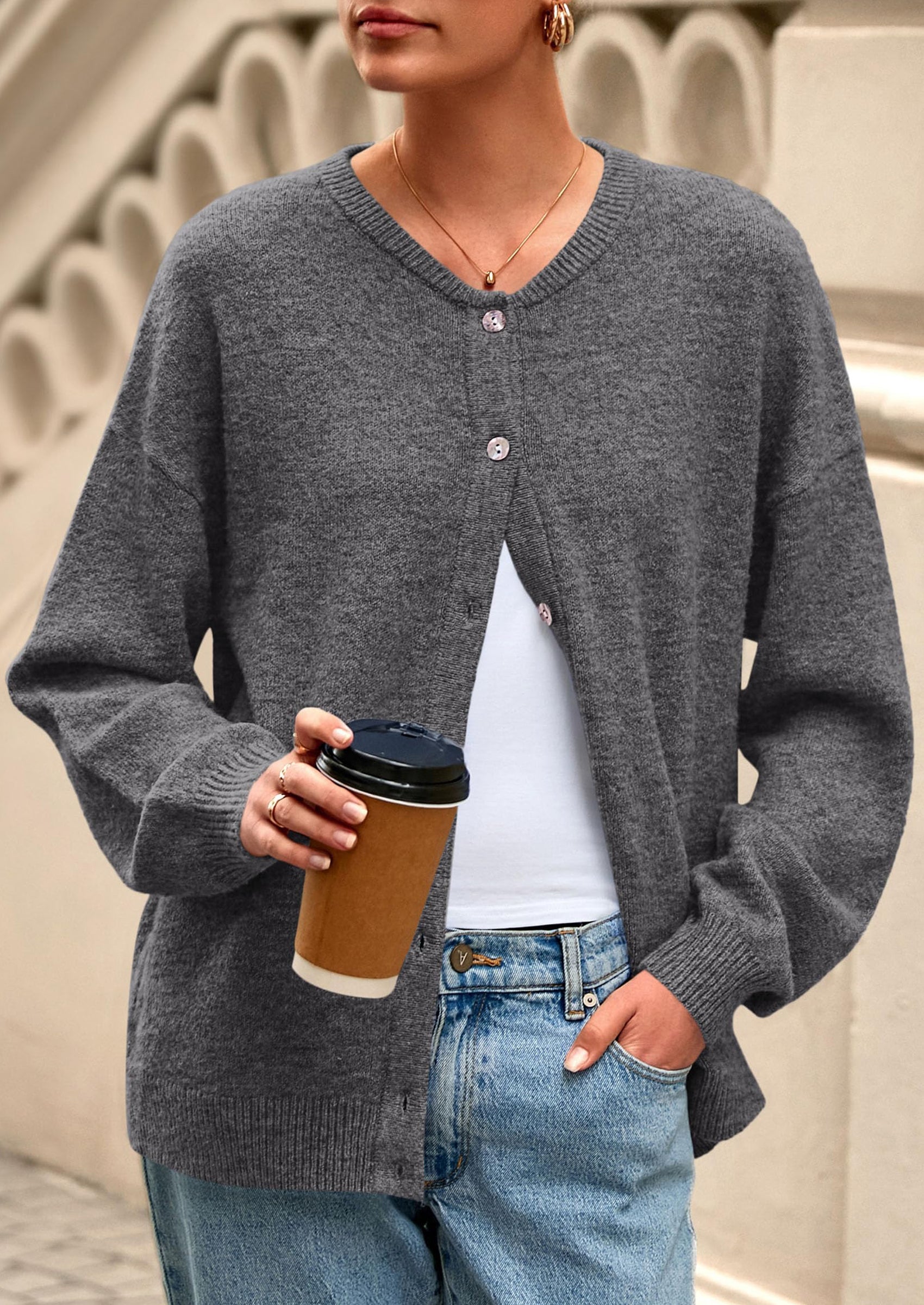 Fall Long Sleeve Cardigans for Women Trendy Open Front Winter Button Down Crewneck Soft Knit Sweater Jacket