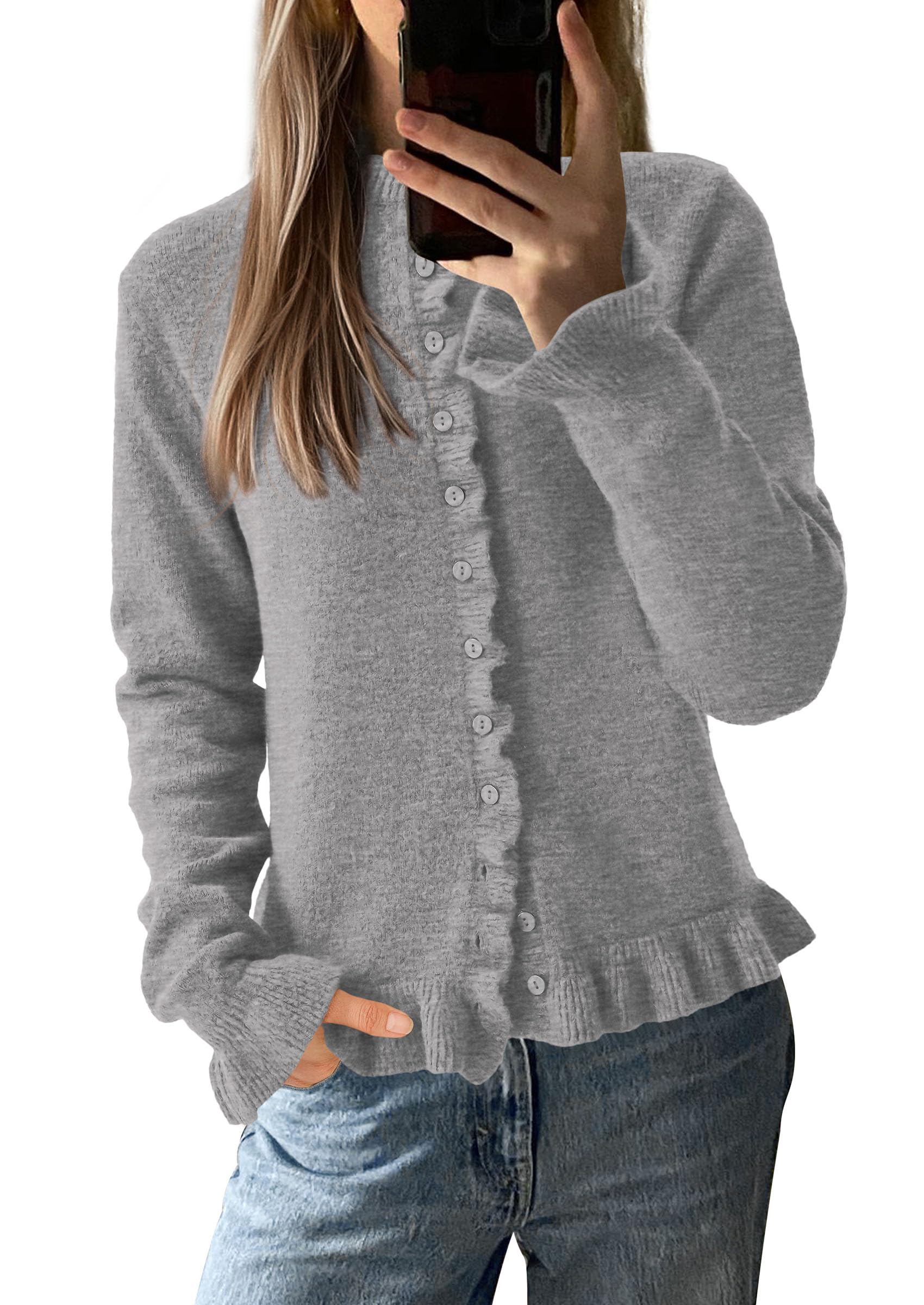 Womens Fall Button Down Cardigans Chunky Knit Ruffle Open Front Cropped Cardigan Sweaters Soft Long Sleeve Tops