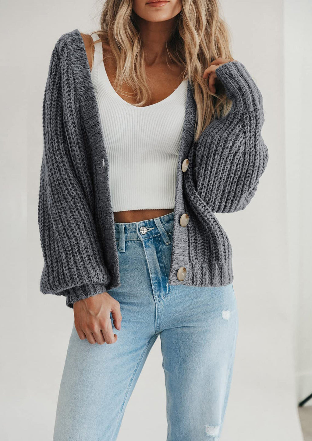 Women's Chunky Knit Open Front Sweater Long Sleeve Button Loose Short Cardigan Outerwear Coats