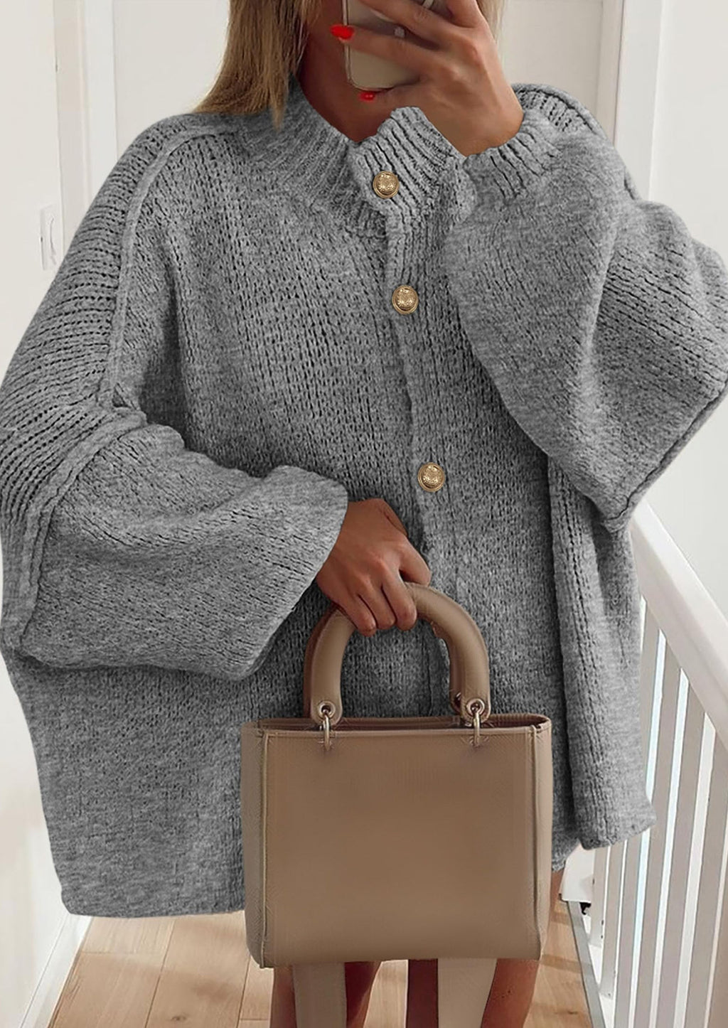 Women's Winter Button Down Cardigan Sweaters Mock Neck Lantern Long Sleeve Chunky Knit Jacket Trendy Outerwear