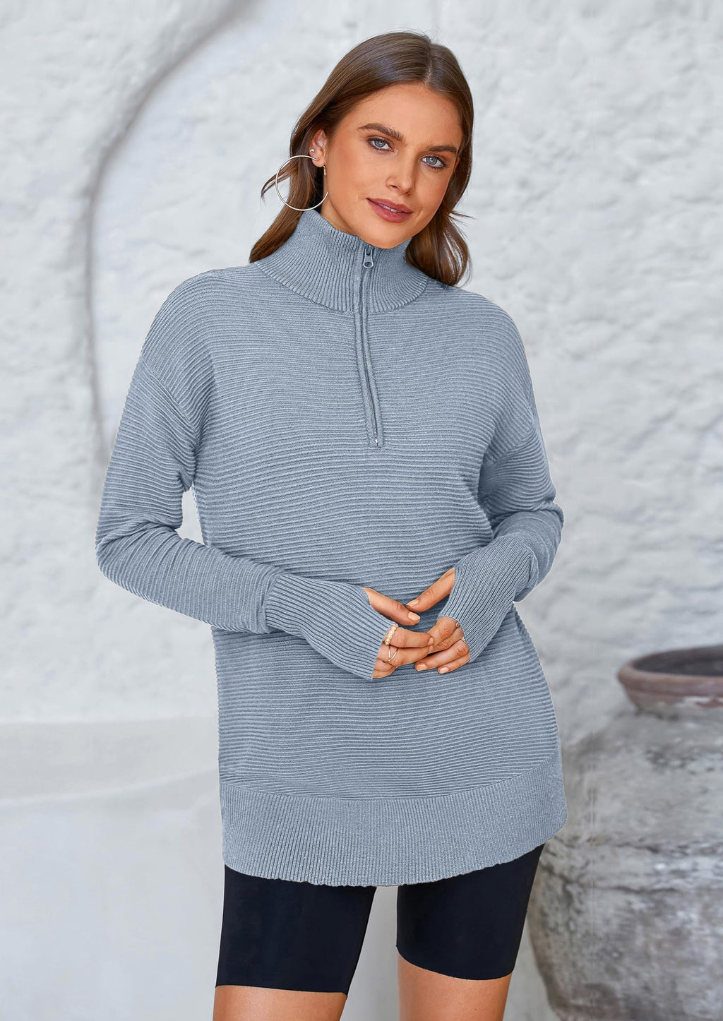 Womens Long Sleeve Quarter Zip Pullover Sweater Casual Loose V Neck Collared Ribbed Knit Jumper Tops Thumb Hole