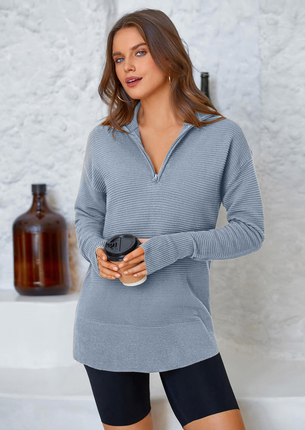 Womens Long Sleeve Quarter Zip Pullover Sweater Casual Loose V Neck Collared Ribbed Knit Jumper Tops Thumb Hole