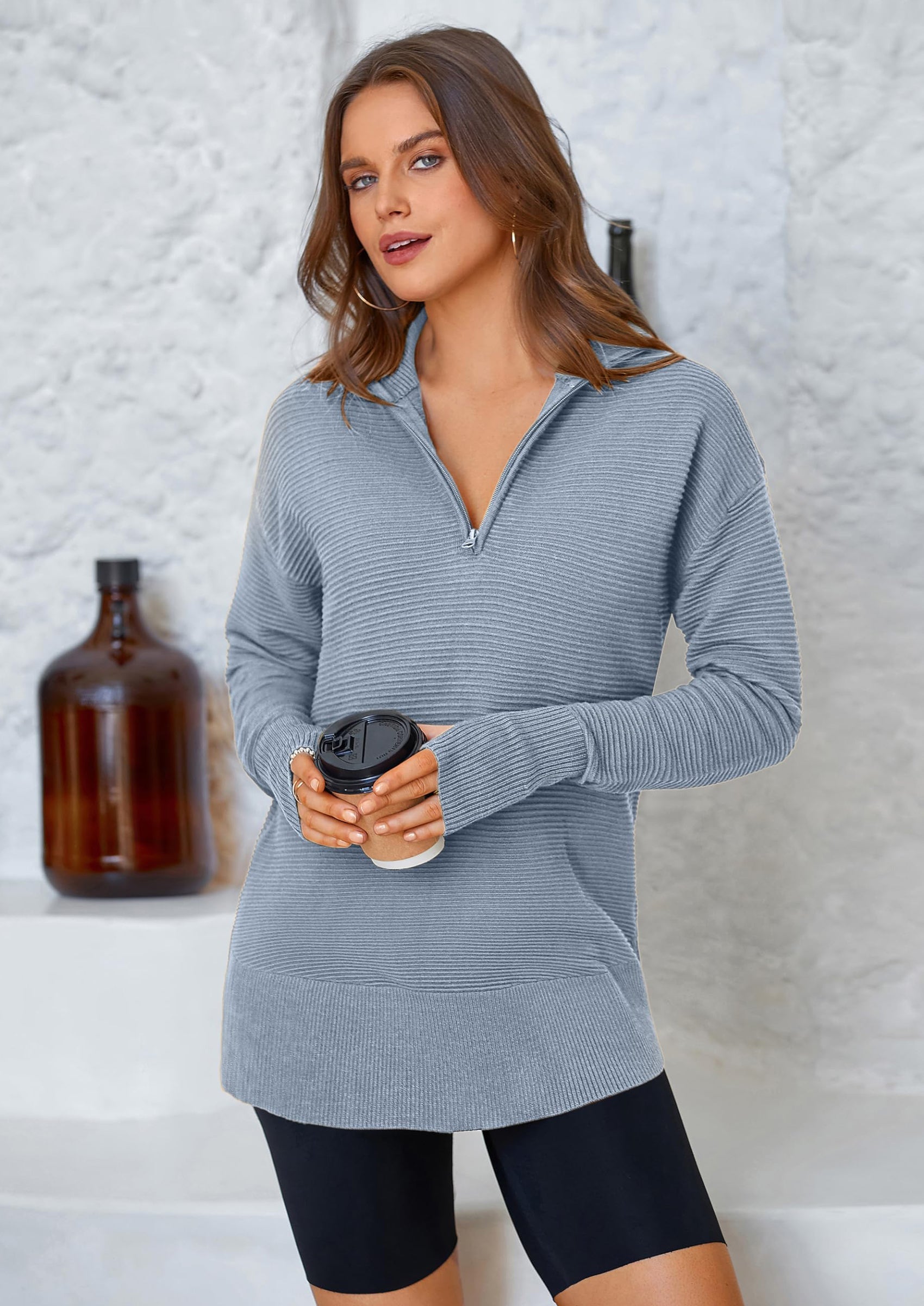 Womens Long Sleeve Quarter Zip Pullover Sweater Casual Loose V Neck Collared Ribbed Knit Jumper Tops Thumb Hole