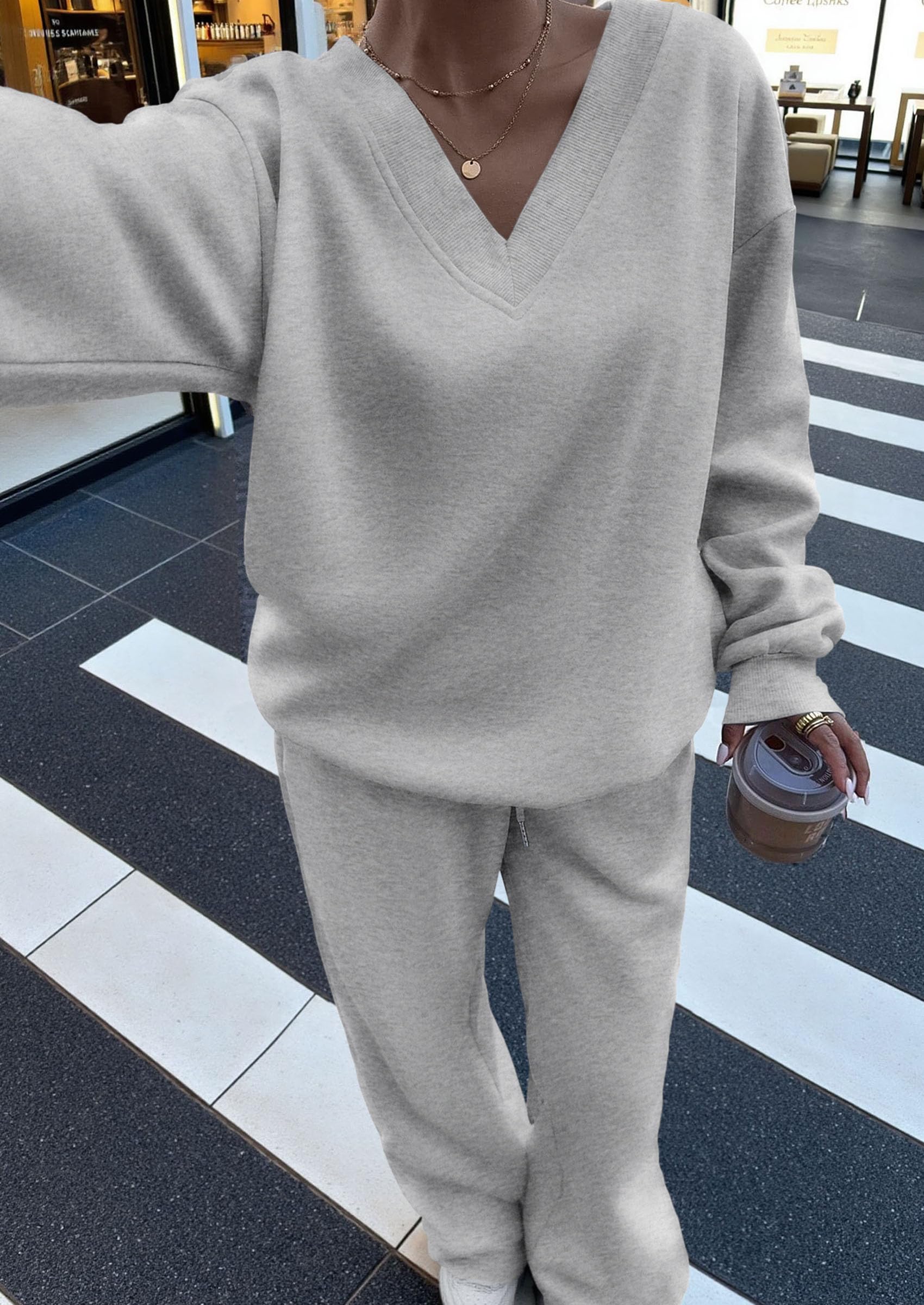 Casual Winter Two Piece Sets for Women V Neck Sweatshirt Loose Wide Leg Pants Tracksuit Knit Fall Outfits